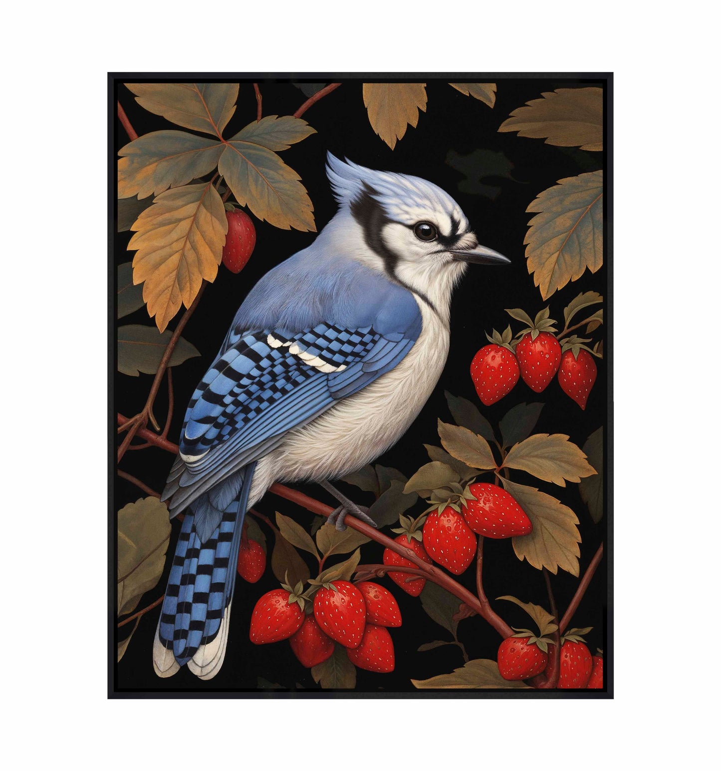 Berry Bliss - Blue Jay in Strawberry Patch - Gallery Wrapped Canvas