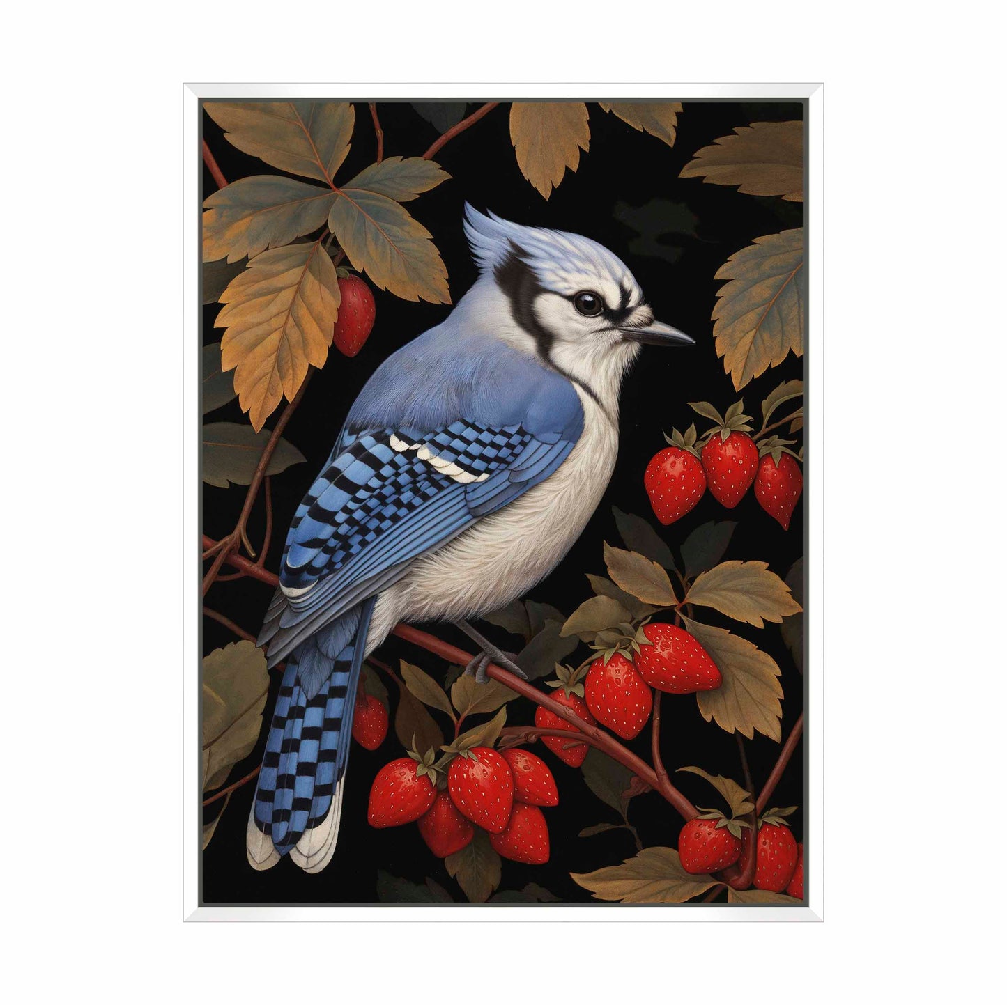 Berry Bliss - Blue Jay in Strawberry Patch - Gallery Wrapped Canvas
