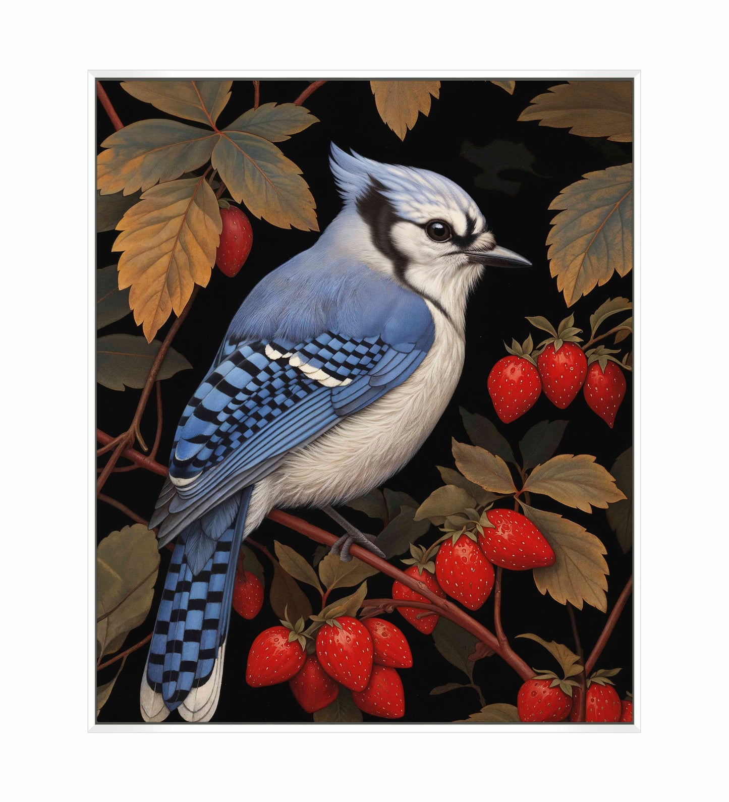 Berry Bliss - Blue Jay in Strawberry Patch - Gallery Wrapped Canvas