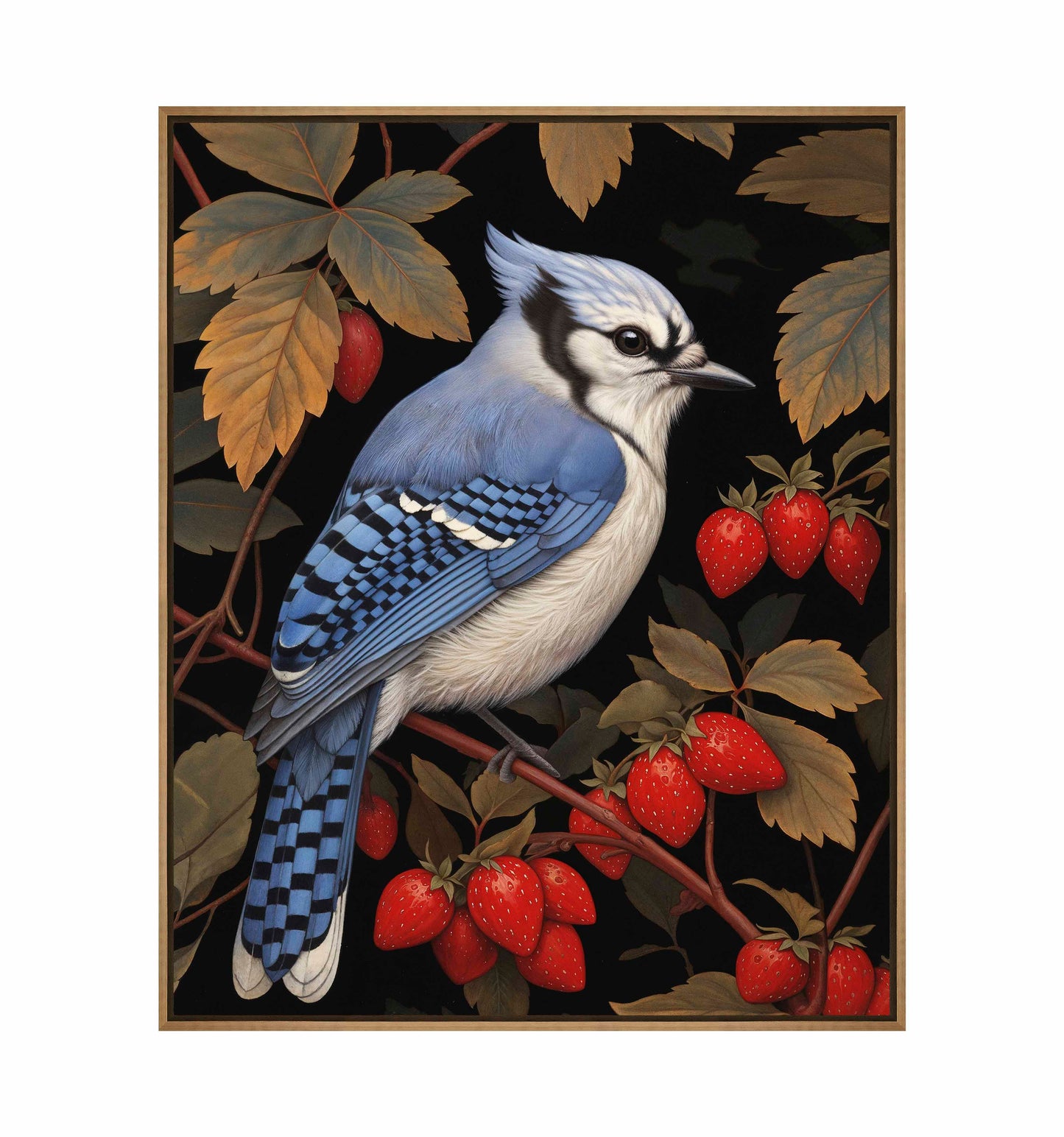 Berry Bliss - Blue Jay in Strawberry Patch - Gallery Wrapped Canvas
