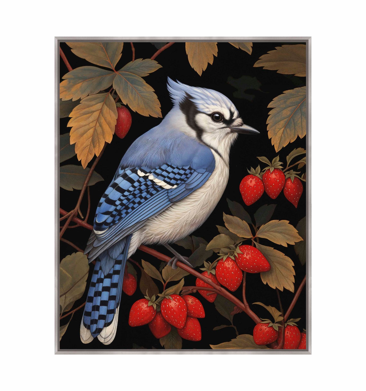 Berry Bliss - Blue Jay in Strawberry Patch - Gallery Wrapped Canvas