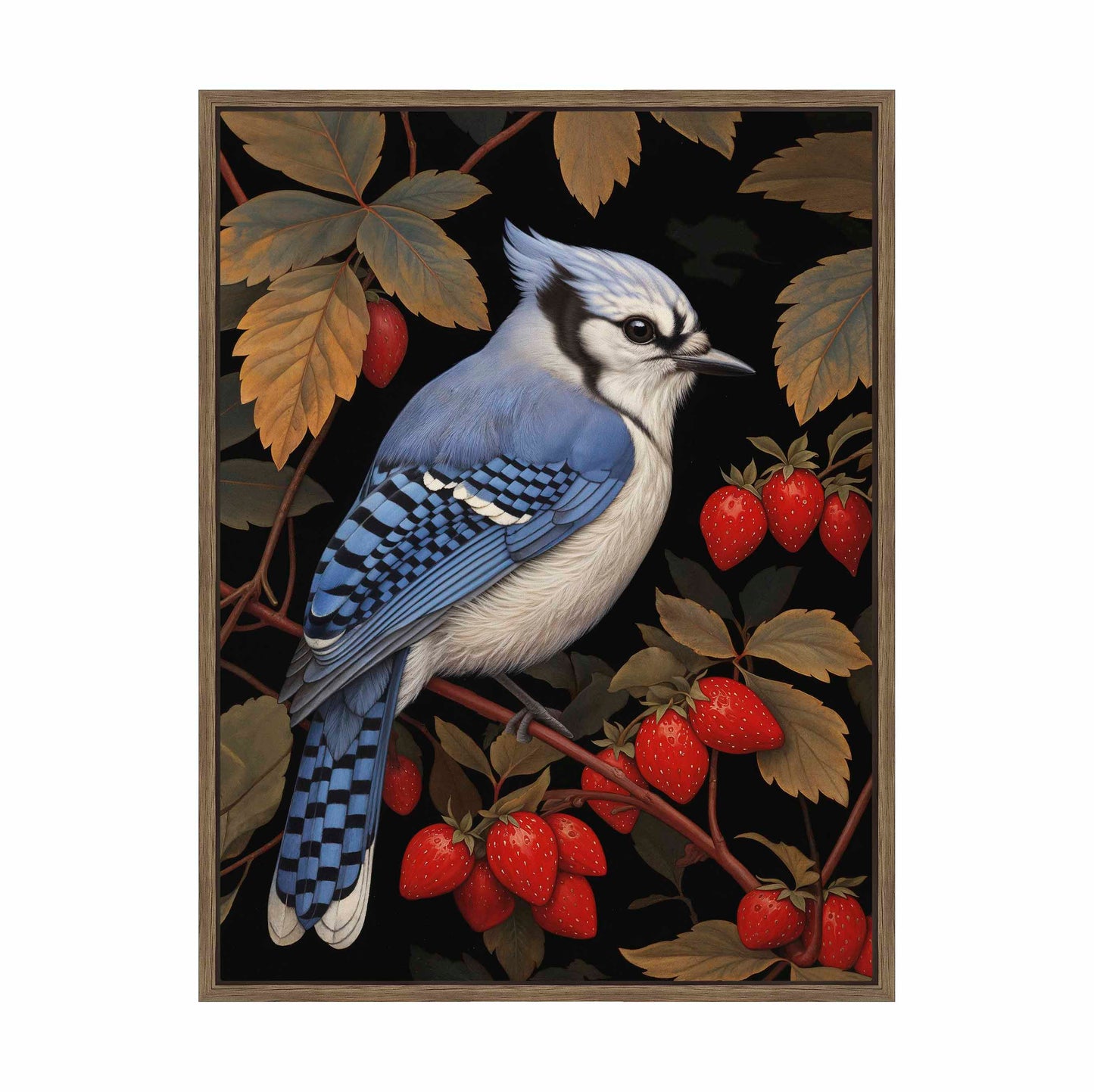 Berry Bliss - Blue Jay in Strawberry Patch - Gallery Wrapped Canvas