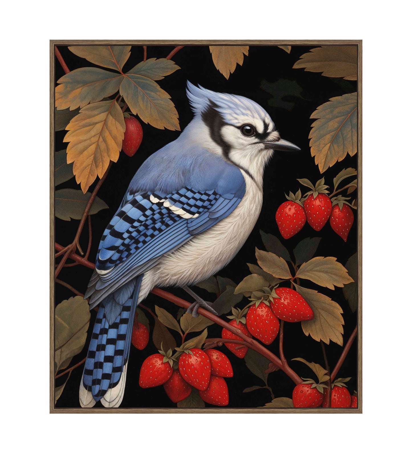 Berry Bliss - Blue Jay in Strawberry Patch - Gallery Wrapped Canvas