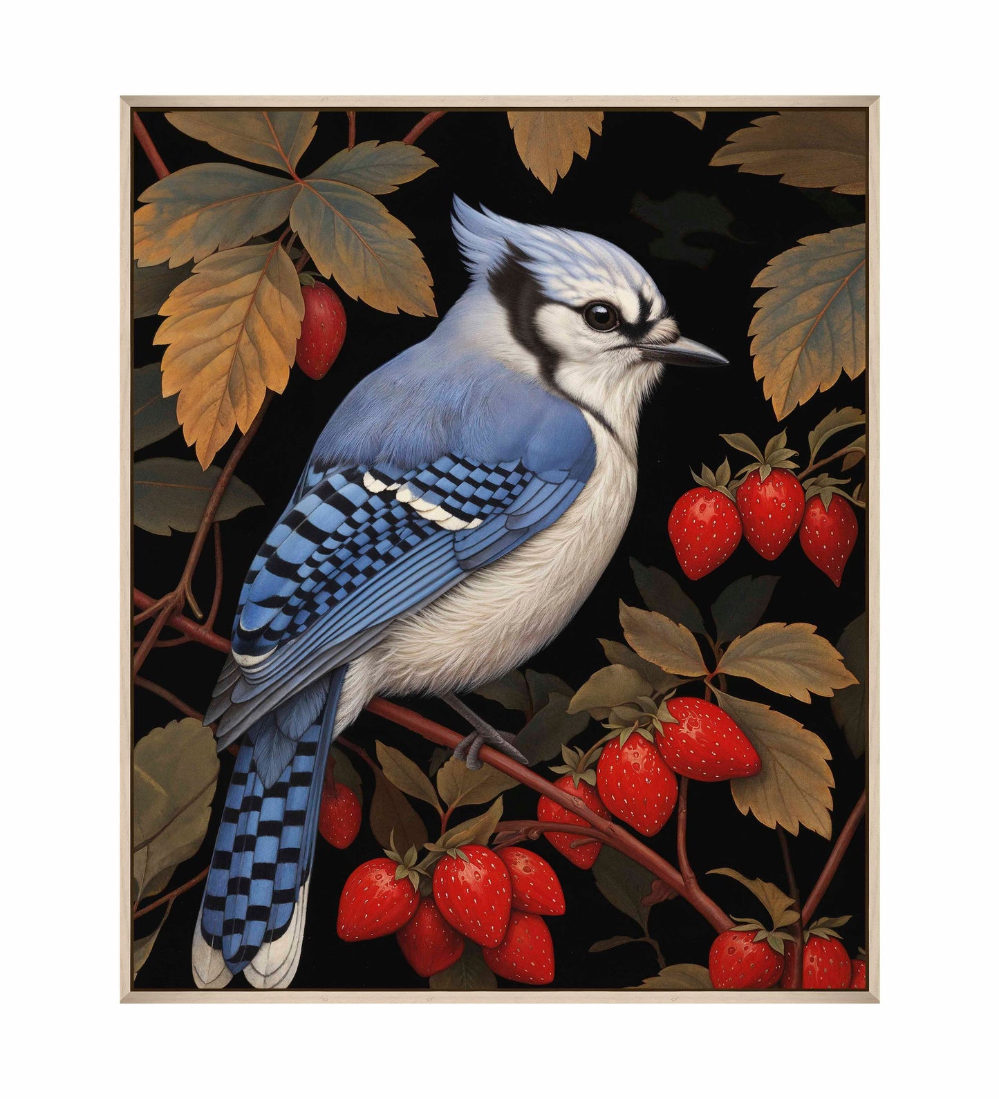 Berry Bliss - Blue Jay in Strawberry Patch - Gallery Wrapped Canvas
