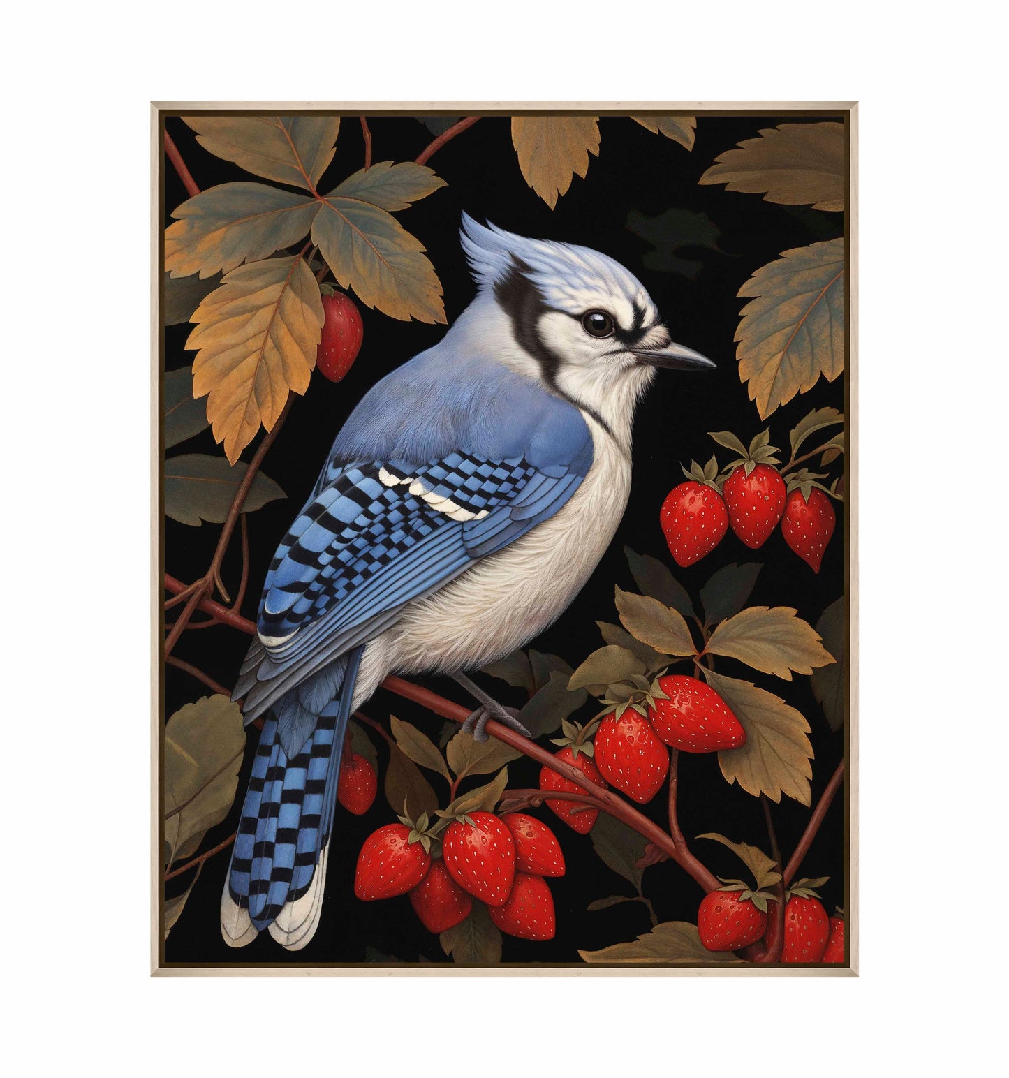 Berry Bliss - Blue Jay in Strawberry Patch - Gallery Wrapped Canvas