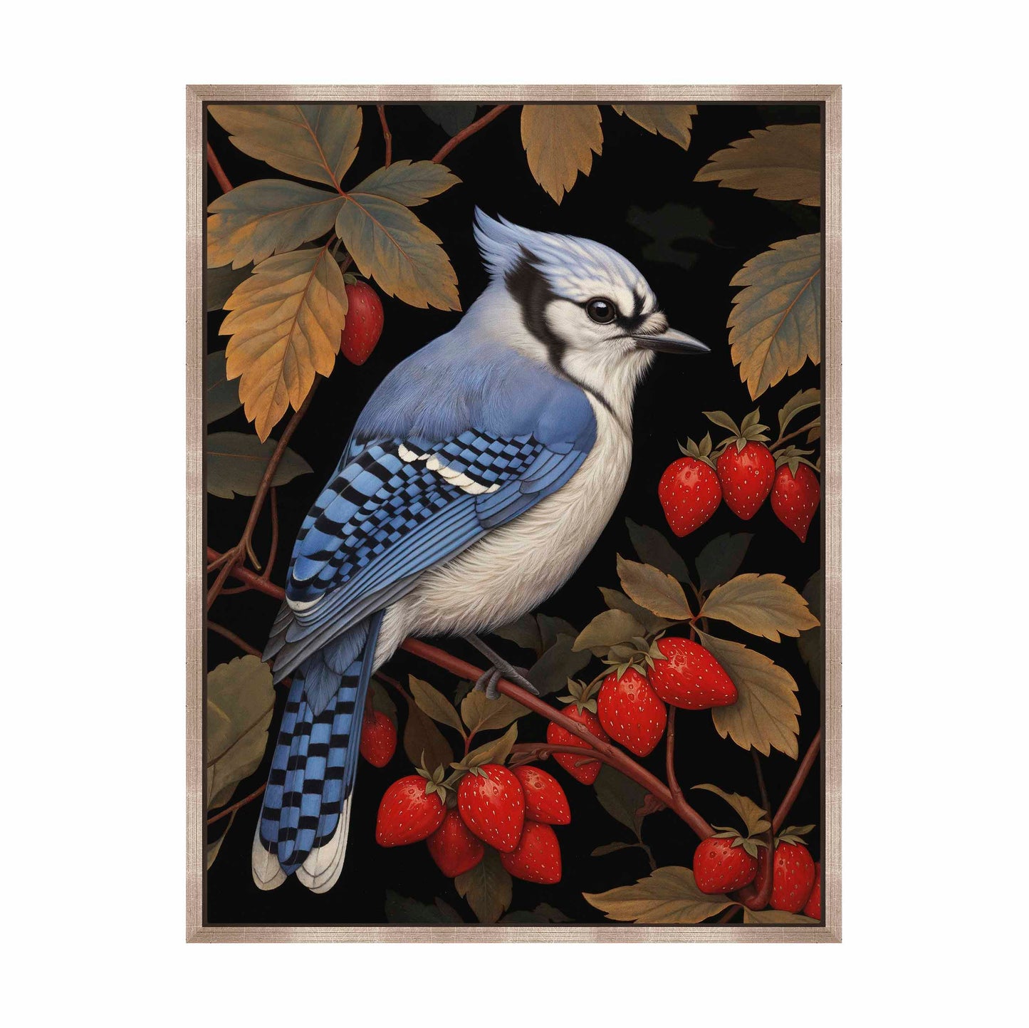 Berry Bliss - Blue Jay in Strawberry Patch - Gallery Wrapped Canvas