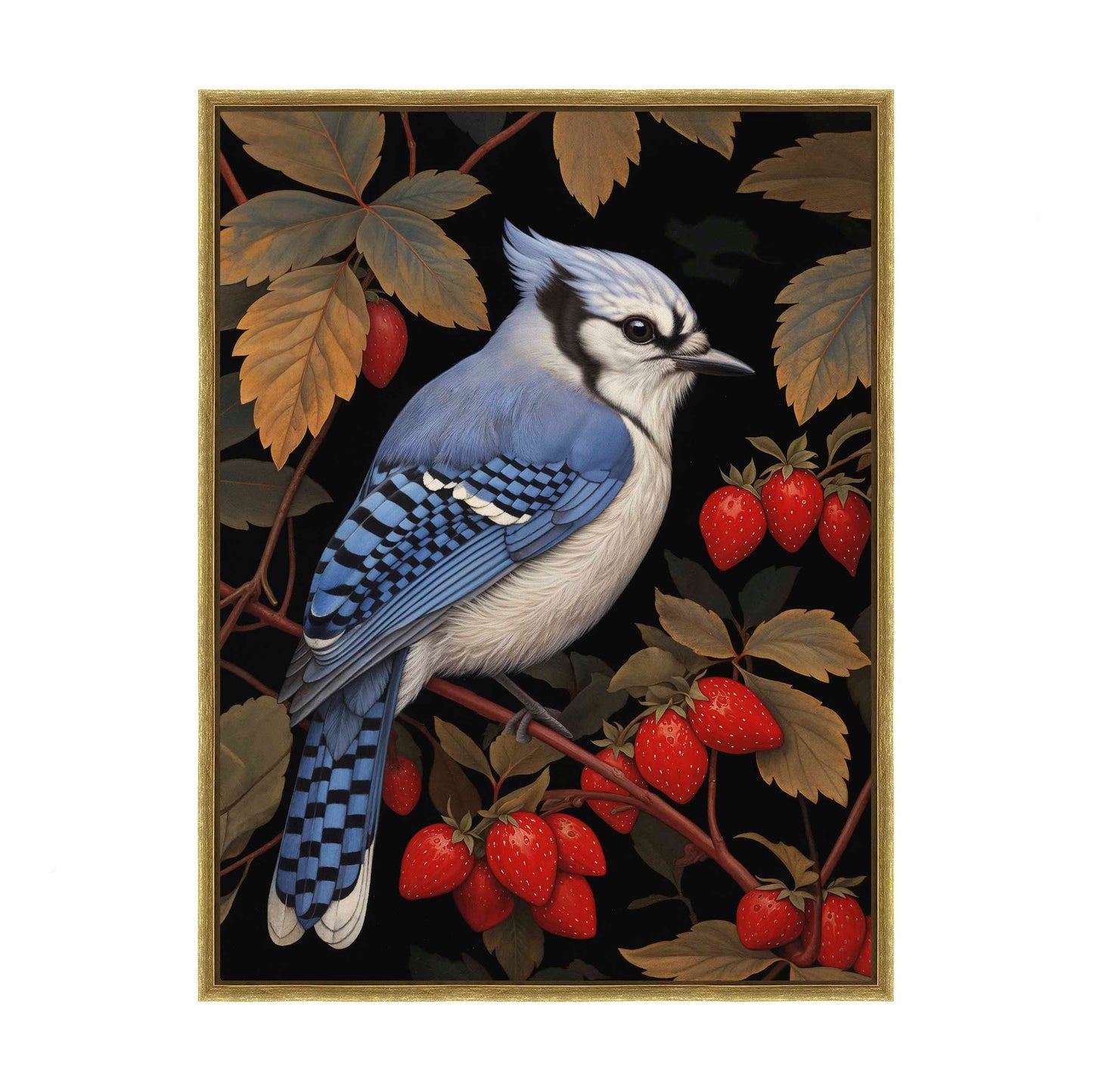 Berry Bliss - Blue Jay in Strawberry Patch - Gallery Wrapped Canvas
