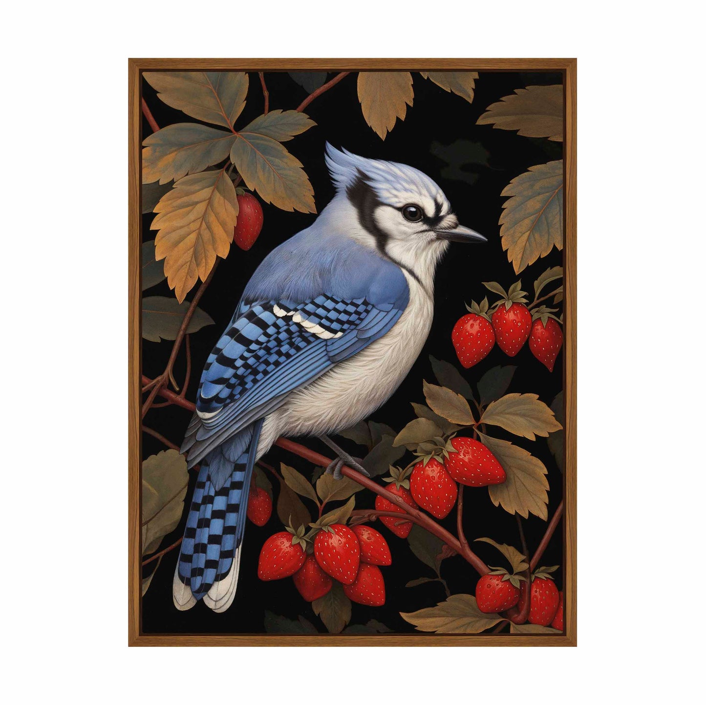 Berry Bliss - Blue Jay in Strawberry Patch - Gallery Wrapped Canvas