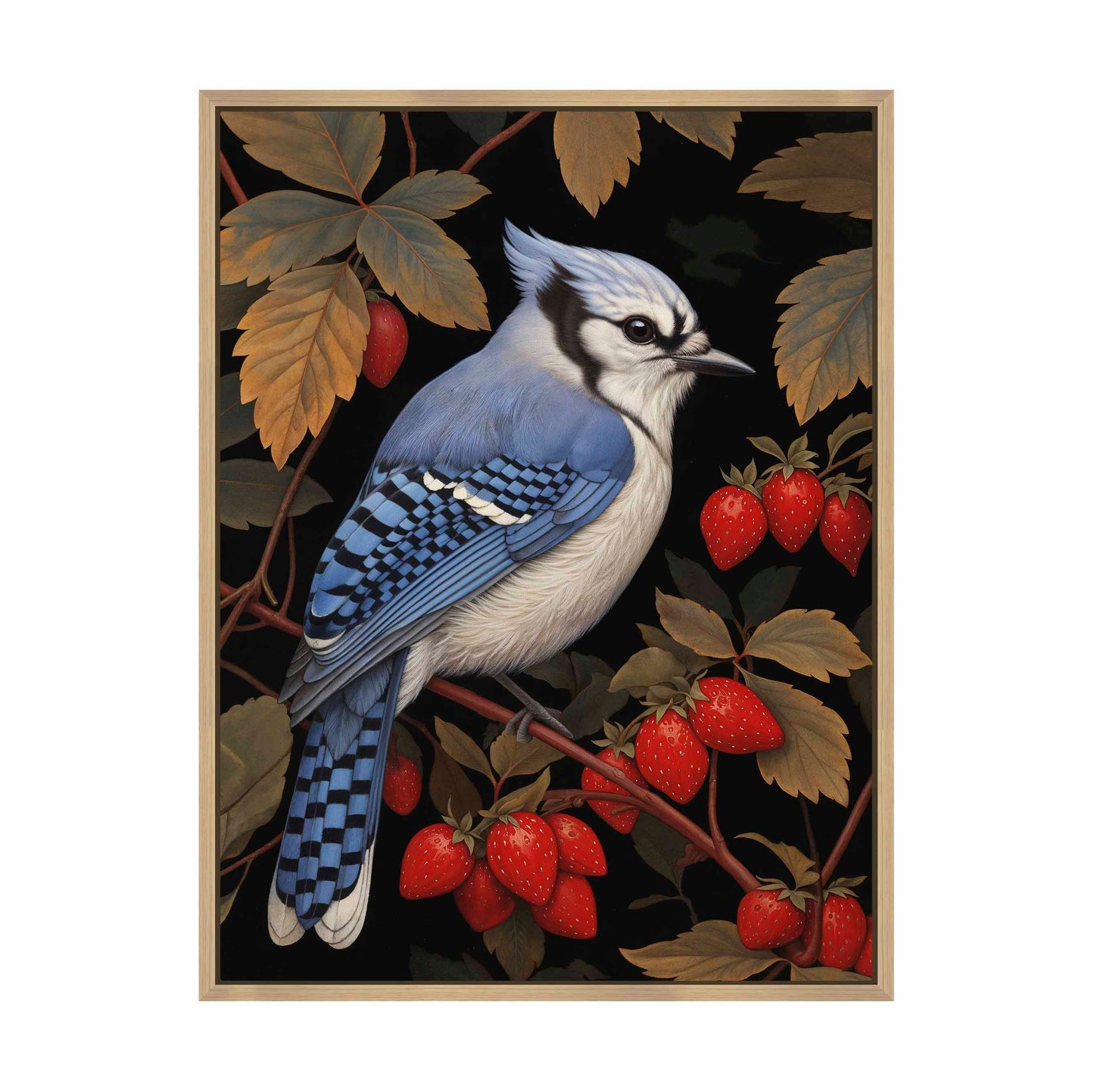 Berry Bliss - Blue Jay in Strawberry Patch - Gallery Wrapped Canvas