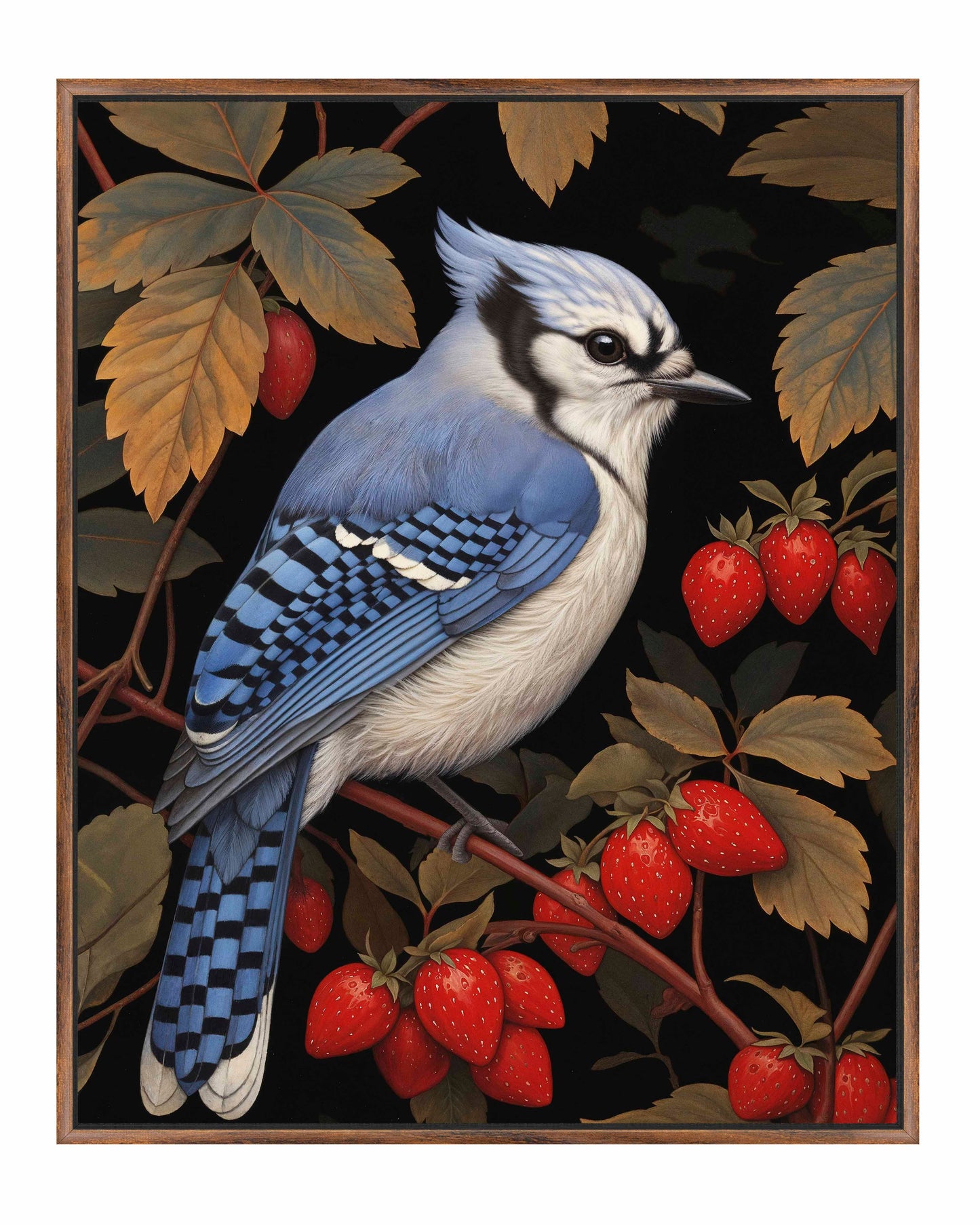 Berry Bliss - Blue Jay in Strawberry Patch - Gallery Wrapped Canvas
