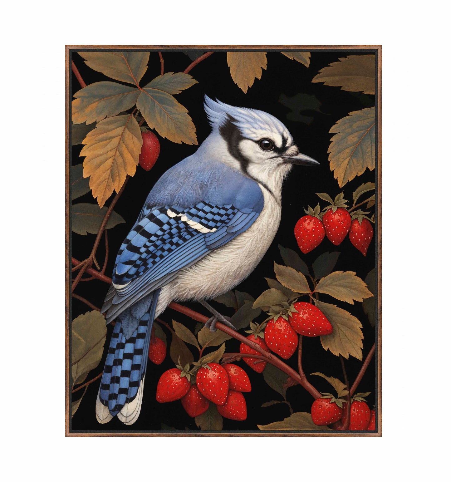 Berry Bliss - Blue Jay in Strawberry Patch - Gallery Wrapped Canvas