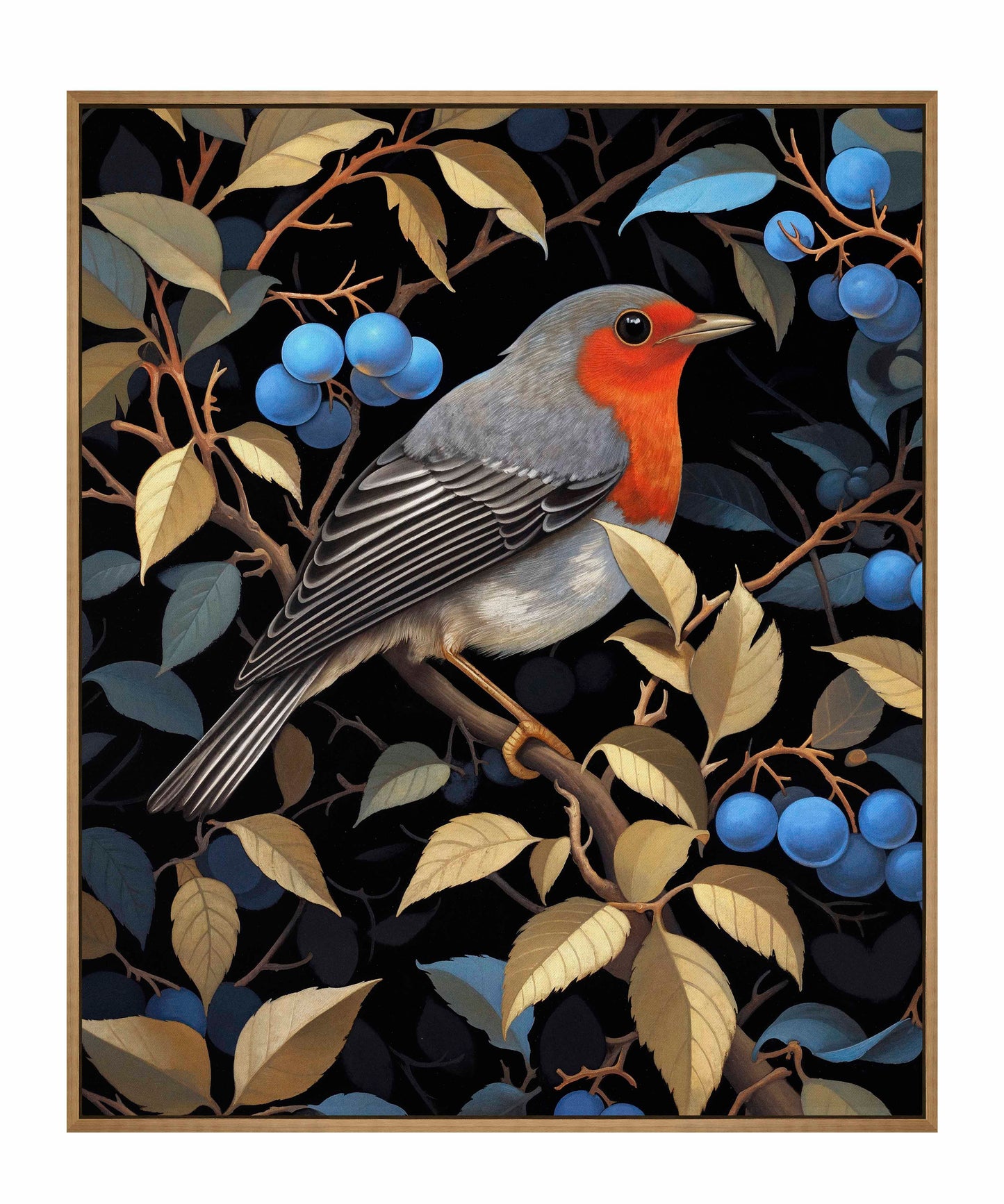 Crimson Song - Robin Among Blueberries - Gallery Wrapped Canvas