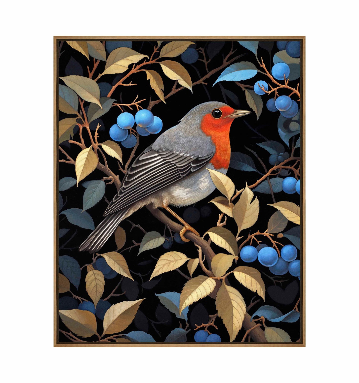 Crimson Song - Robin Among Blueberries - Gallery Wrapped Canvas