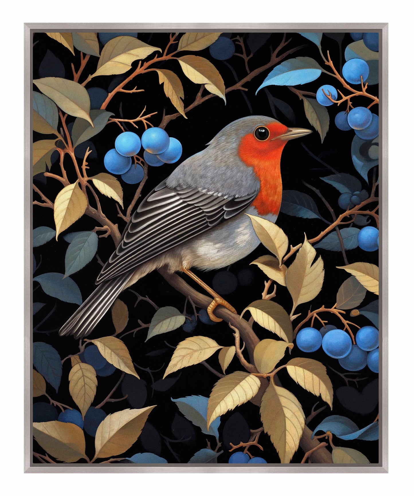 Crimson Song - Robin Among Blueberries - Gallery Wrapped Canvas