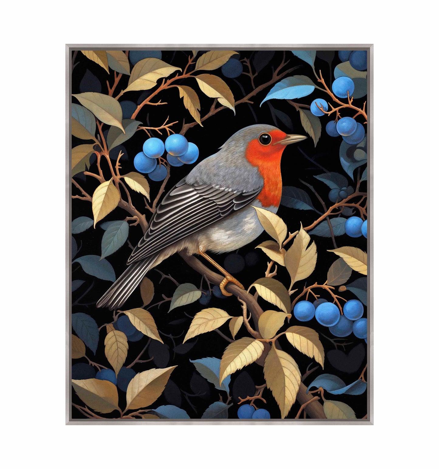 Crimson Song - Robin Among Blueberries - Gallery Wrapped Canvas