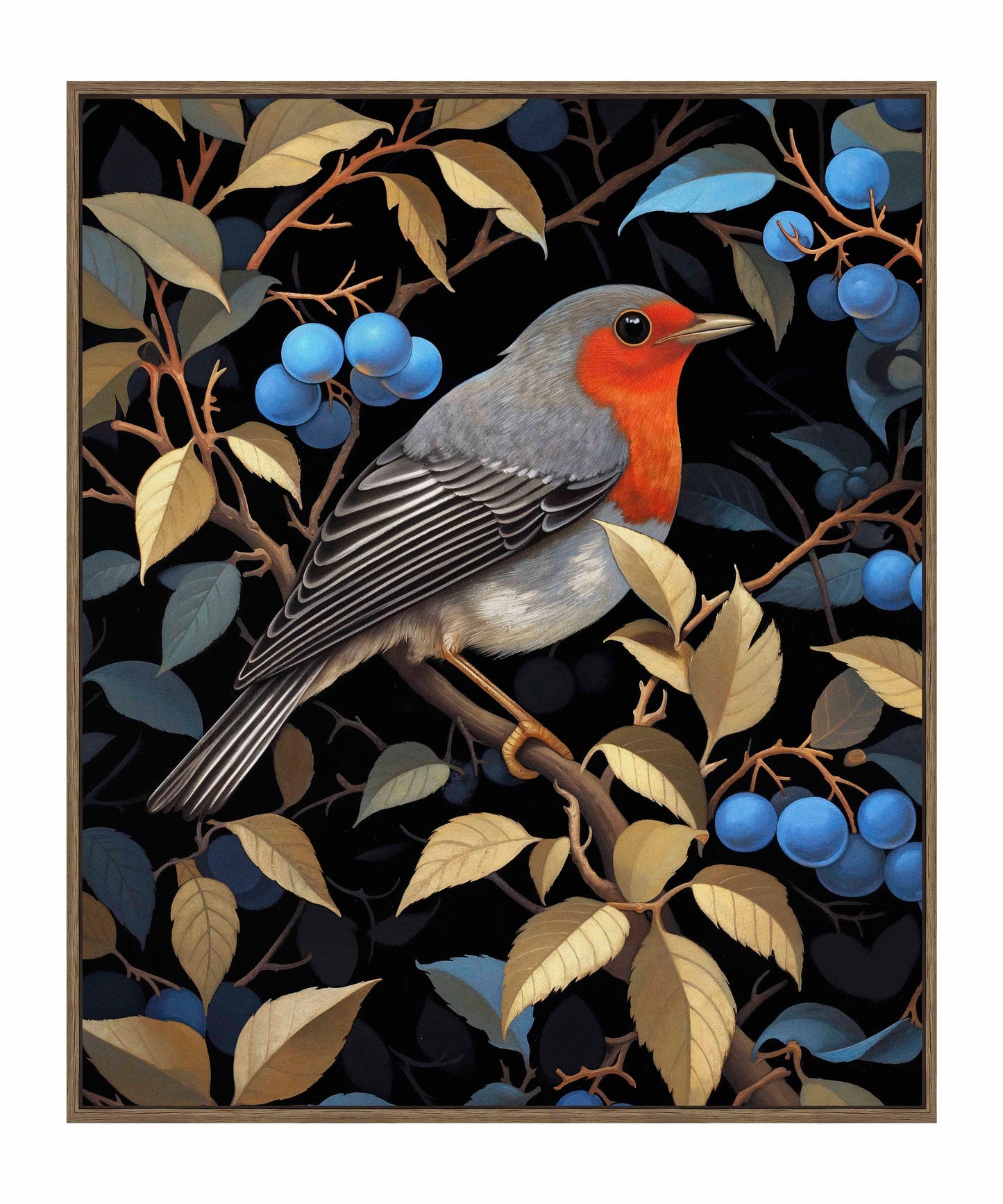 Crimson Song - Robin Among Blueberries - Gallery Wrapped Canvas