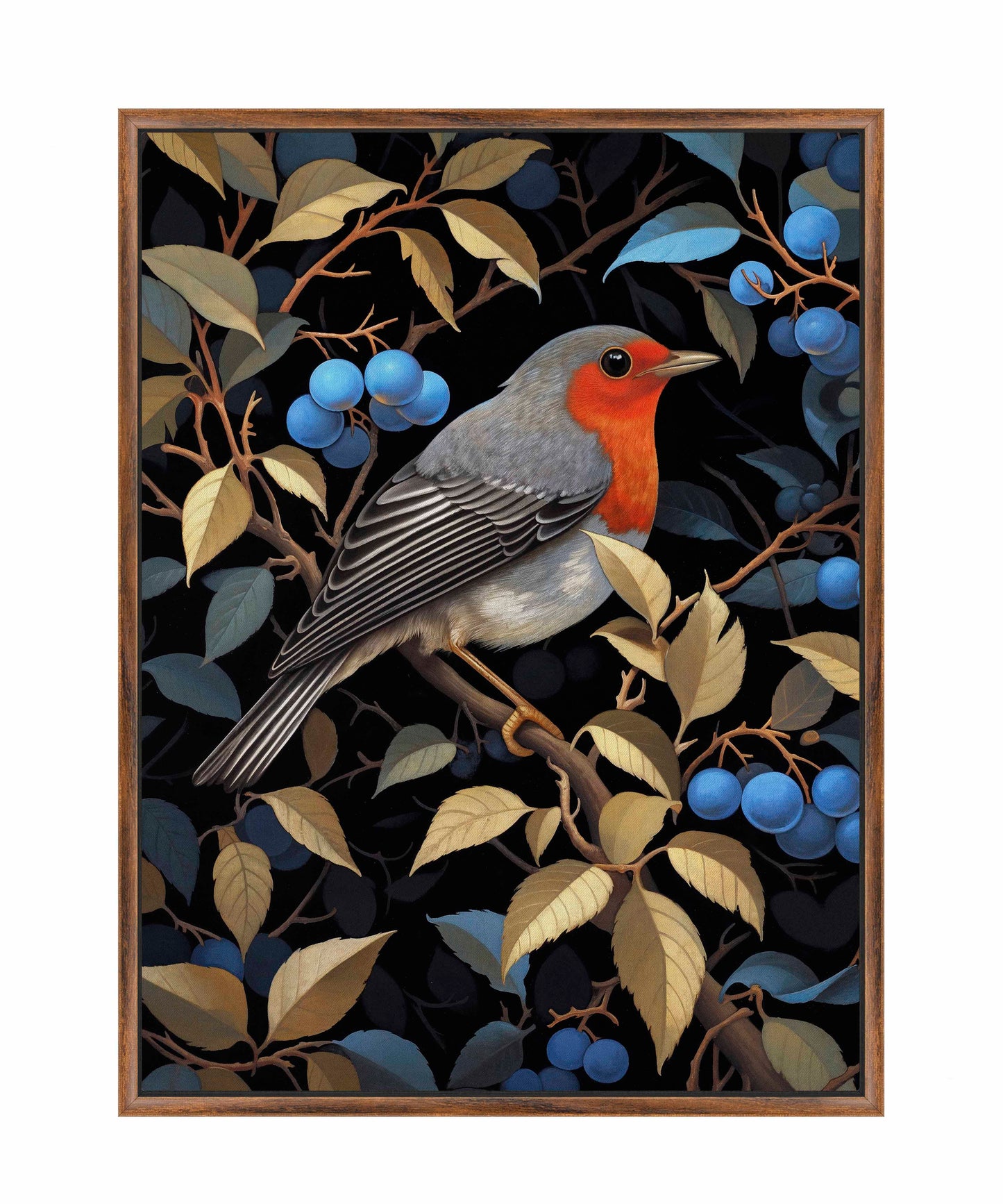 Crimson Song - Robin Among Blueberries - Gallery Wrapped Canvas