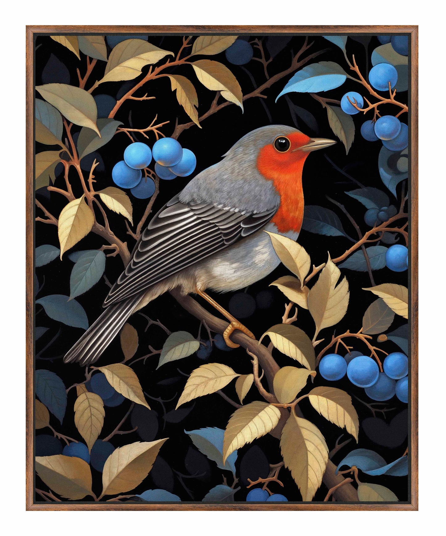 Crimson Song - Robin Among Blueberries - Gallery Wrapped Canvas