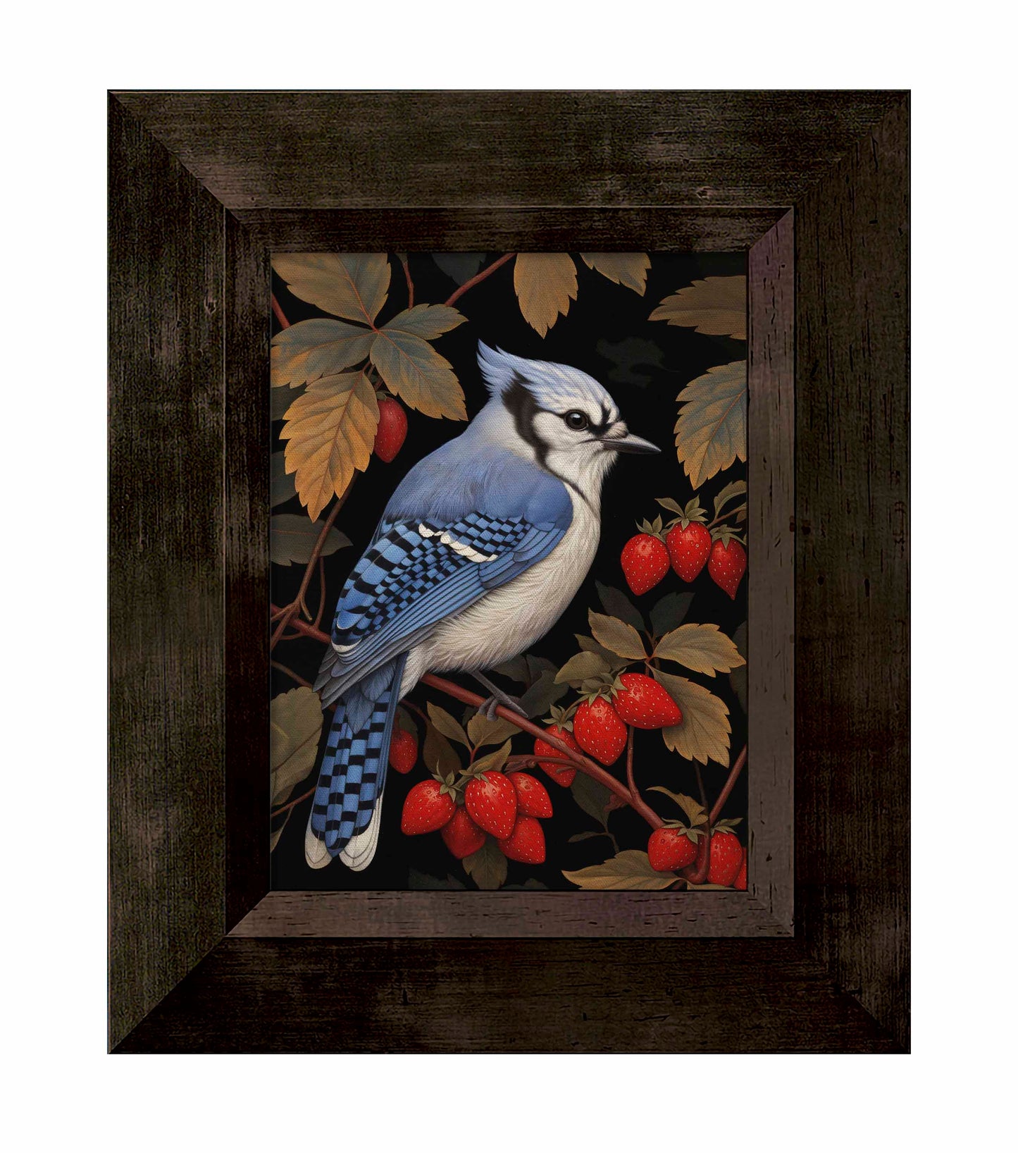 Berry Bliss - Blue Jay in Strawberry Patch - Limited Edition Canvas
