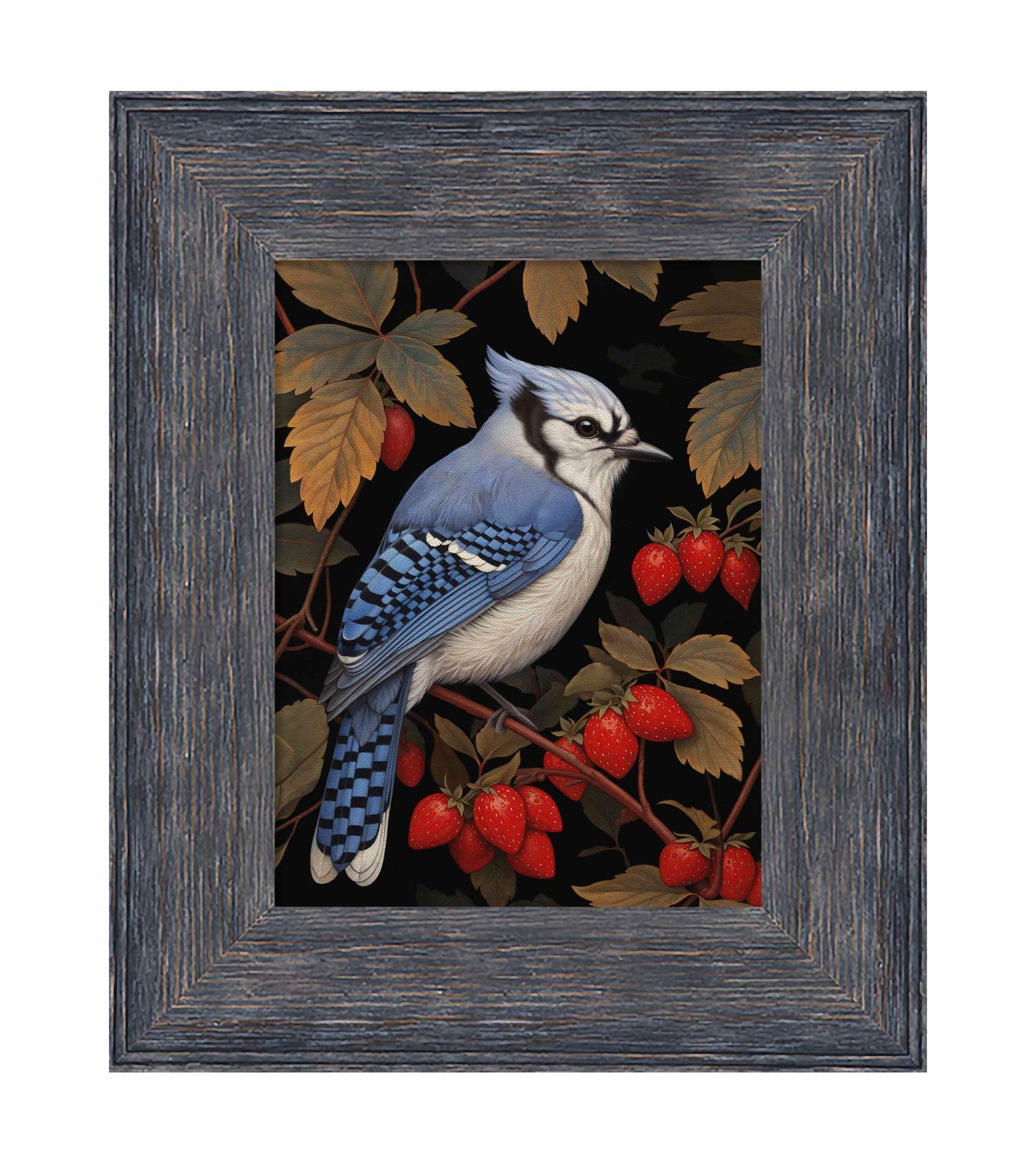 Berry Bliss - Blue Jay in Strawberry Patch - Limited Edition Canvas