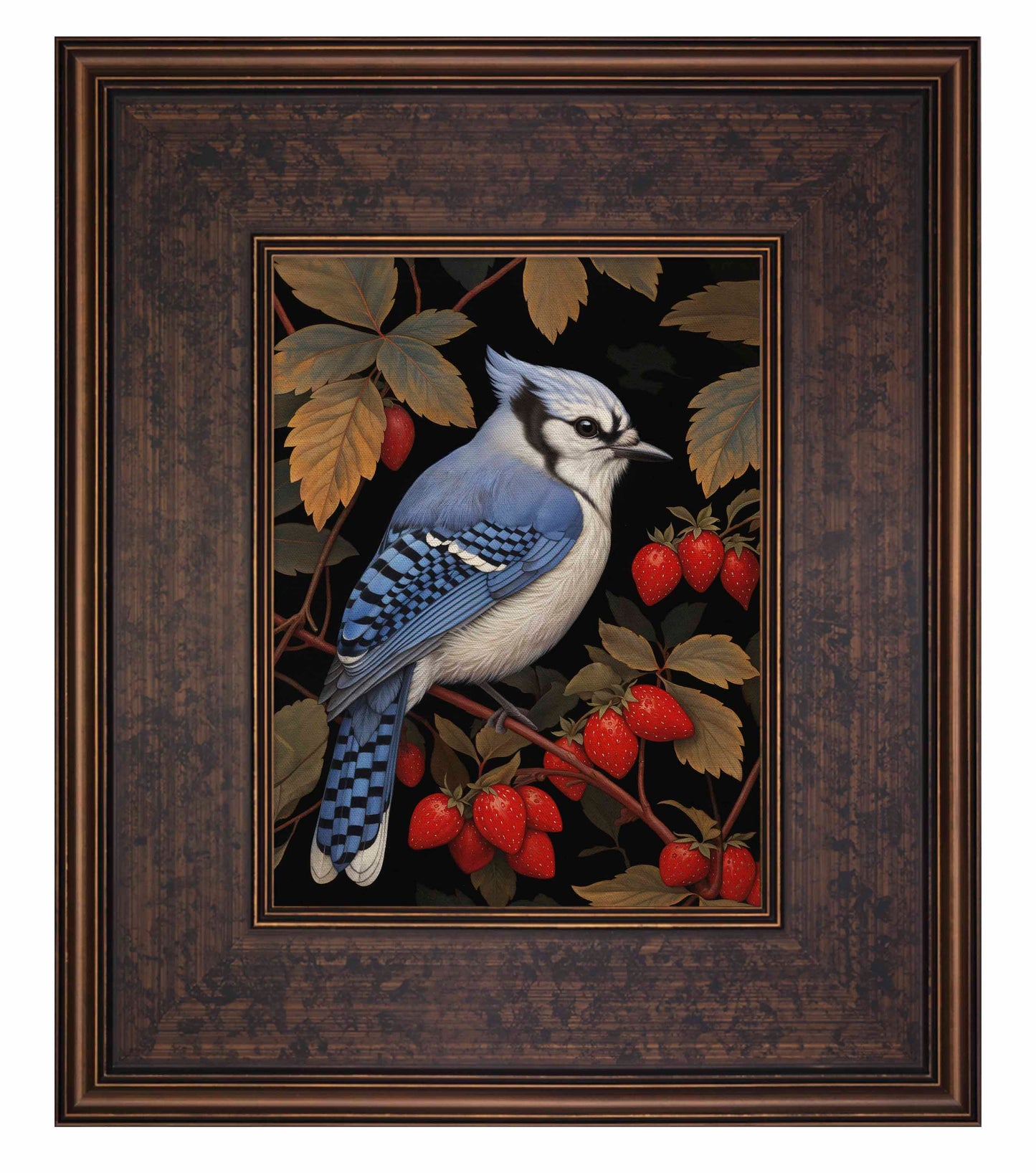 Berry Bliss - Blue Jay in Strawberry Patch - Limited Edition Canvas
