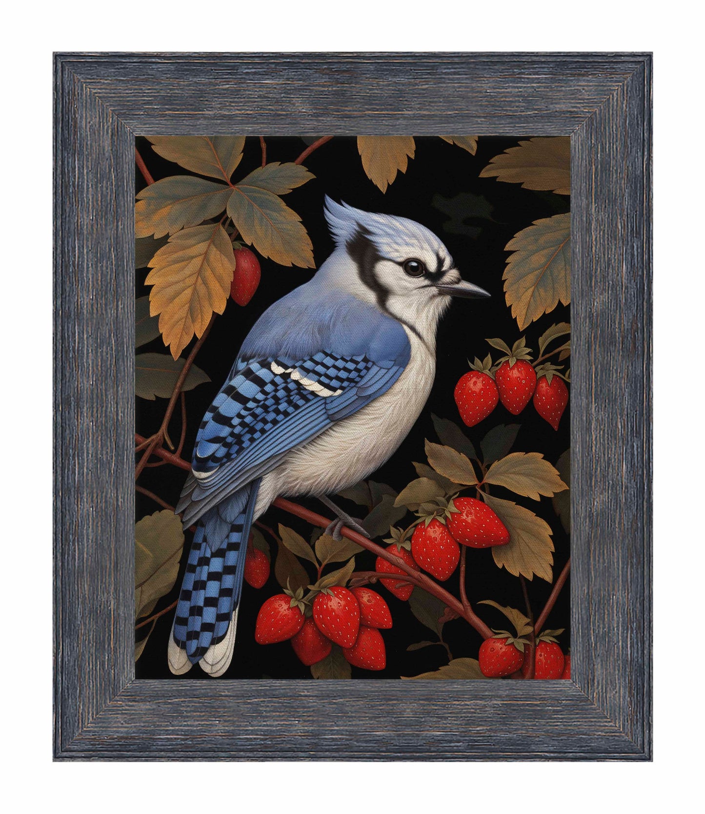 Berry Bliss - Blue Jay in Strawberry Patch - Limited Edition Canvas