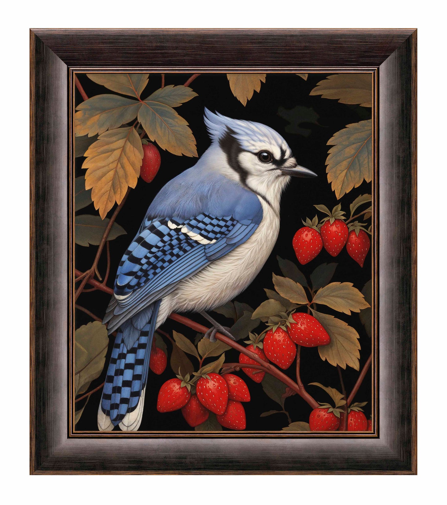 Berry Bliss - Blue Jay in Strawberry Patch - Limited Edition Canvas