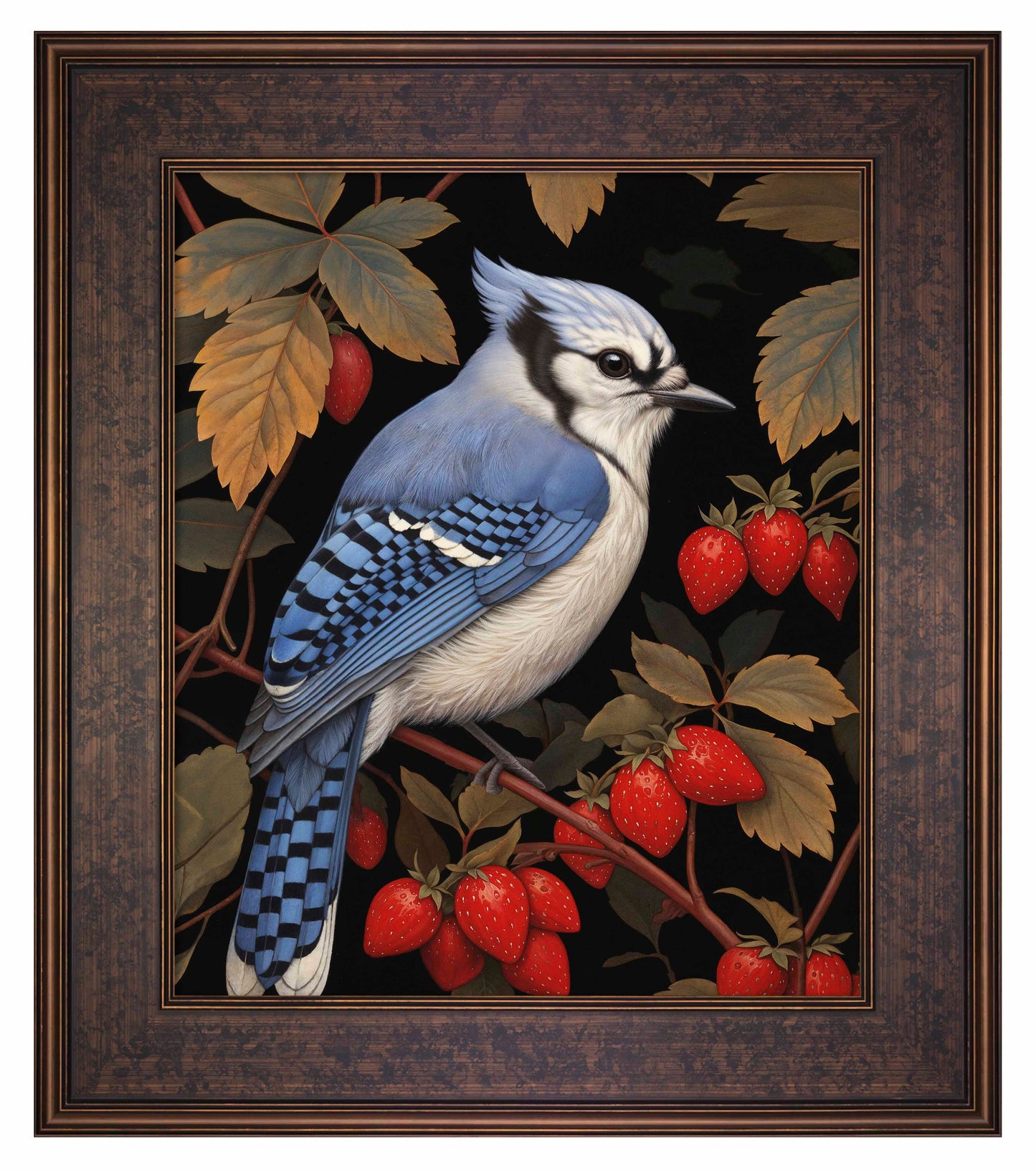 Berry Bliss - Blue Jay in Strawberry Patch - Limited Edition Canvas