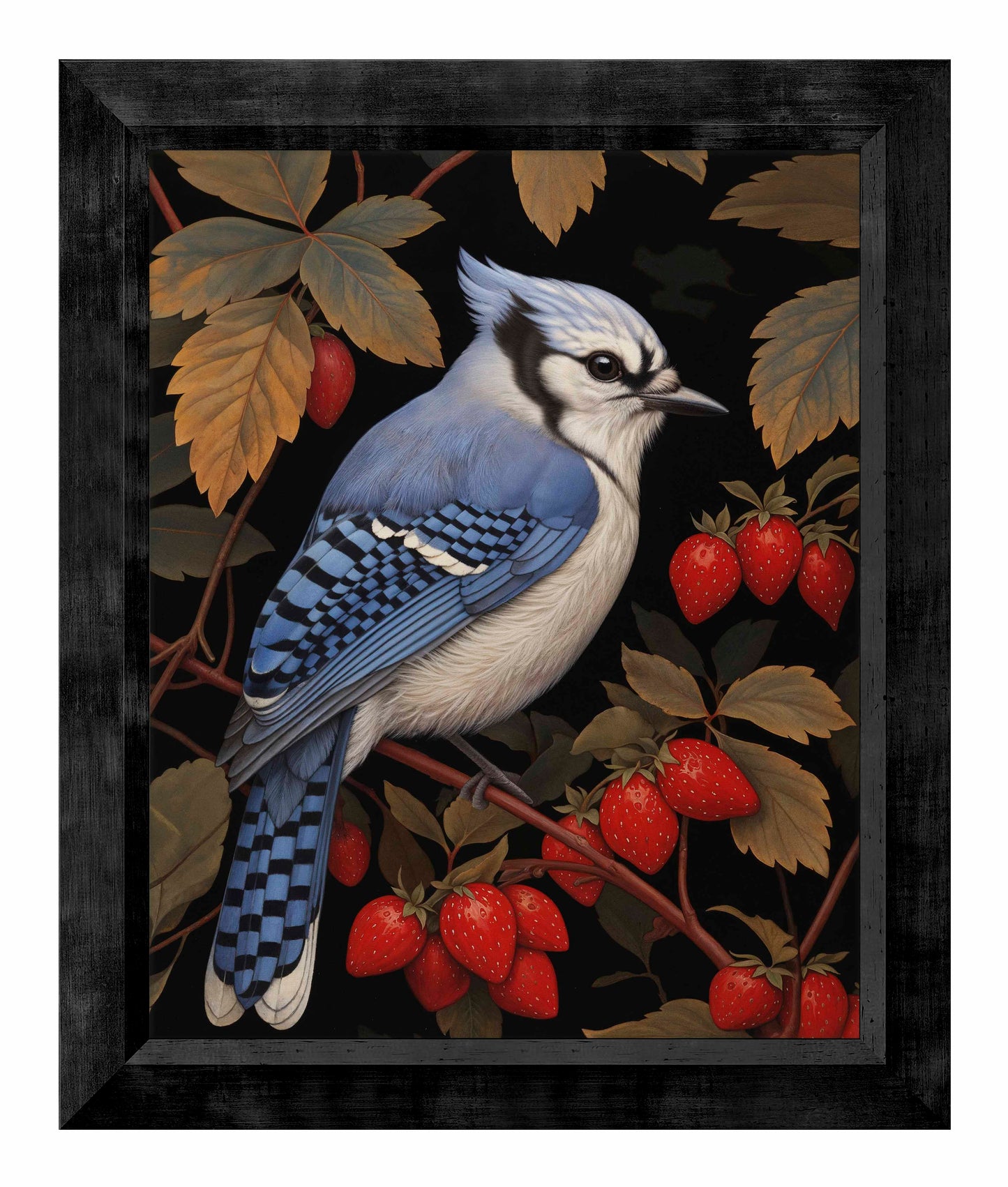 Berry Bliss - Blue Jay in Strawberry Patch - Limited Edition Canvas