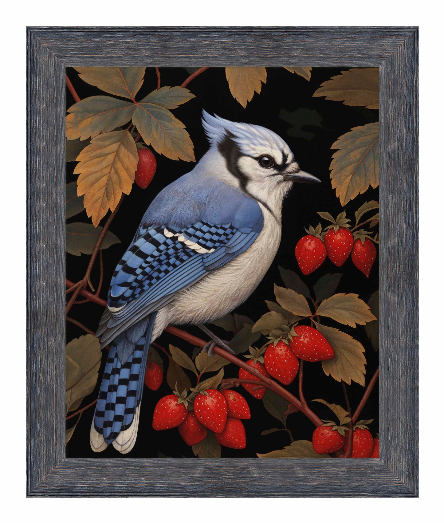 Berry Bliss - Blue Jay in Strawberry Patch - Limited Edition Canvas