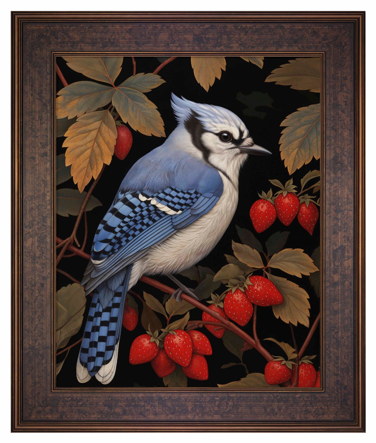 Berry Bliss - Blue Jay in Strawberry Patch - Limited Edition Canvas