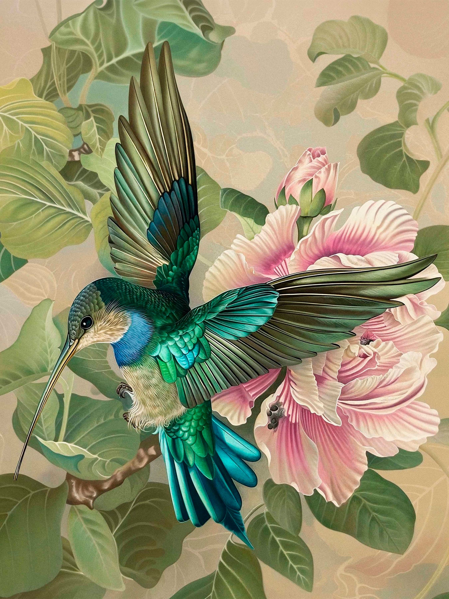 Emerald Flight - Hummingbird Among Hibiscus - Limited Edition Canvas
