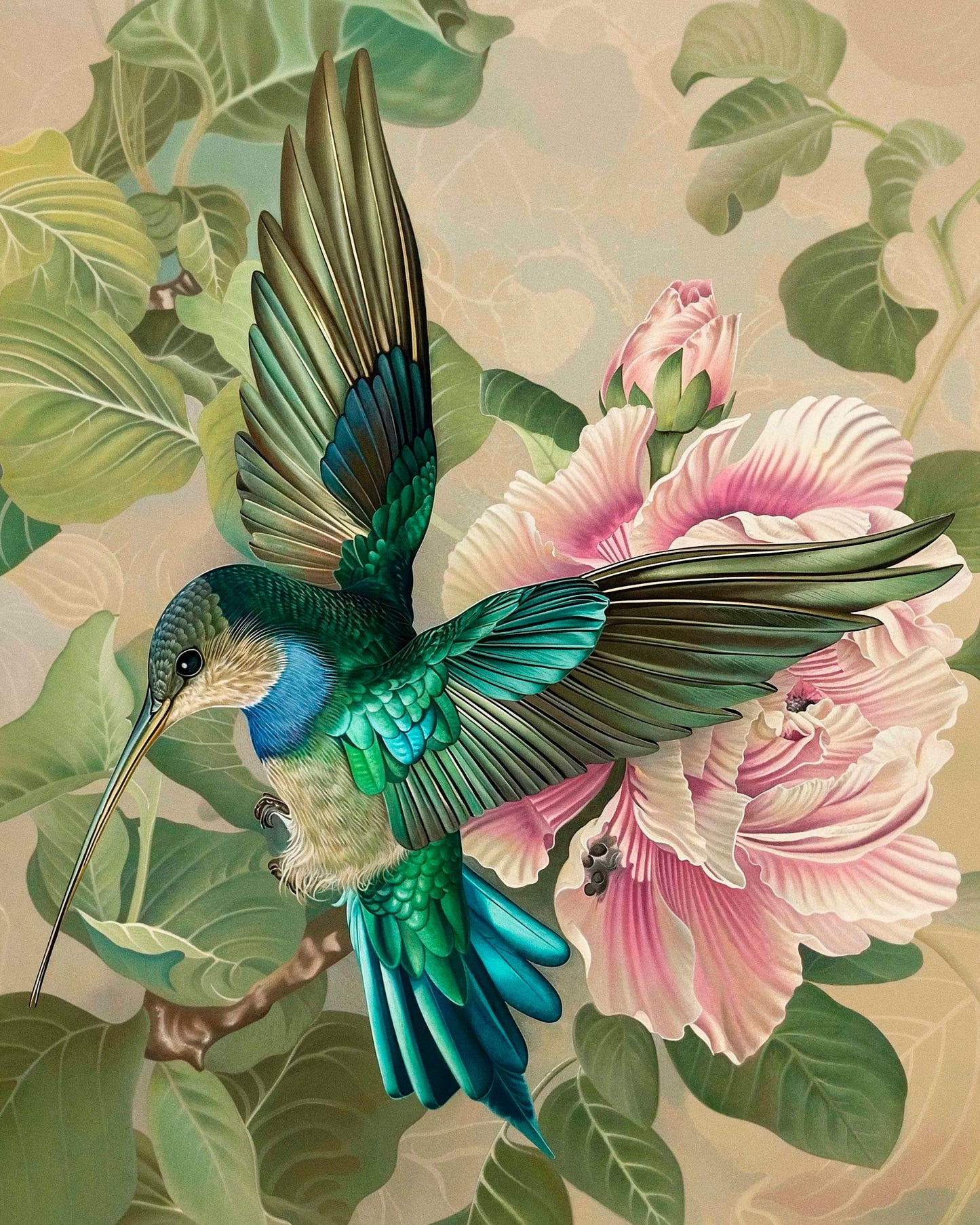 Emerald Flight - Hummingbird Among Hibiscus - Limited Edition Canvas