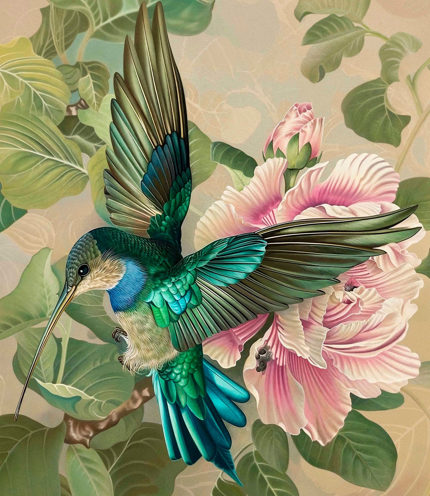 Emerald Flight - Hummingbird Among Hibiscus - Limited Edition Canvas