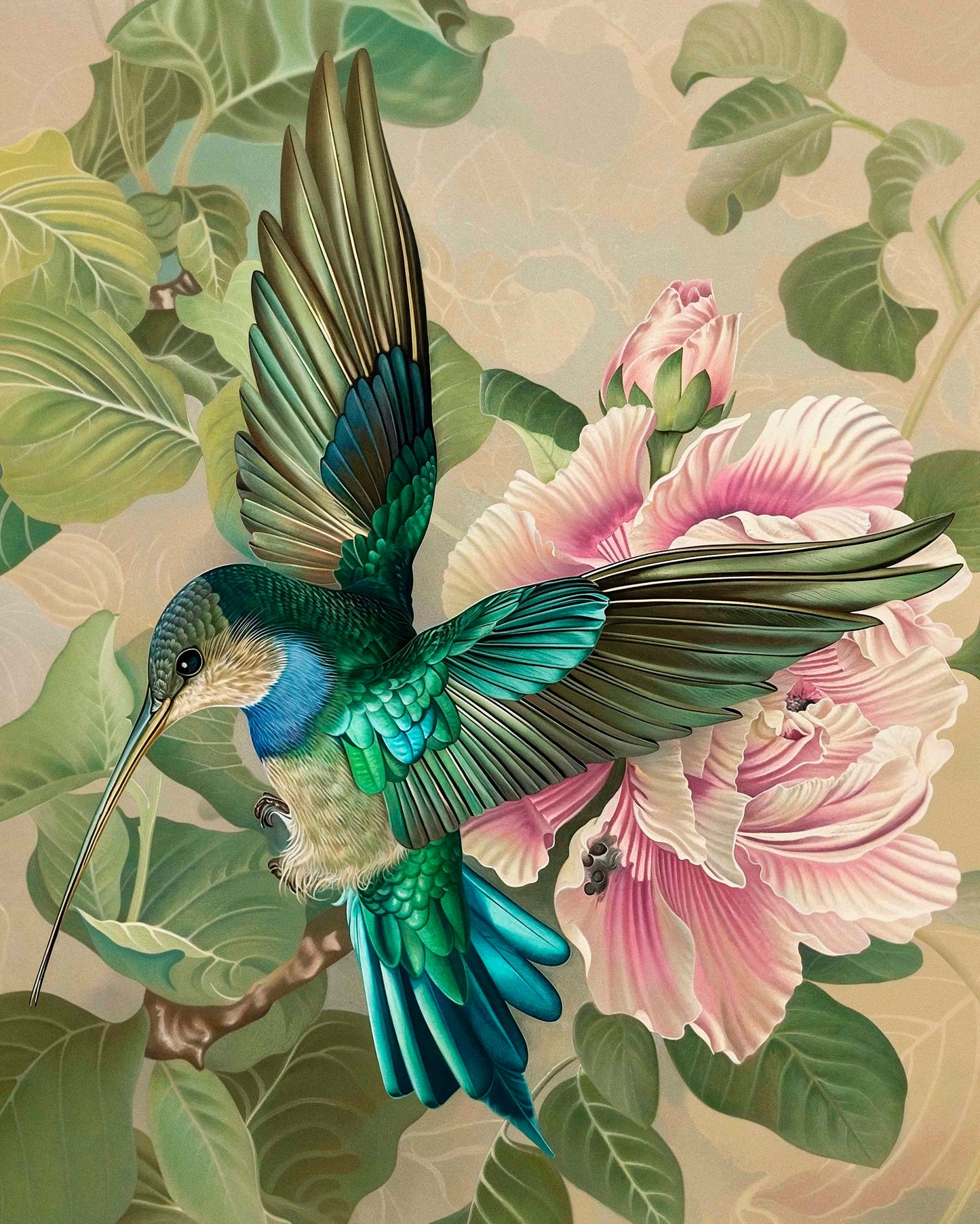 Emerald Flight - Hummingbird Among Hibiscus - Limited Edition Canvas
