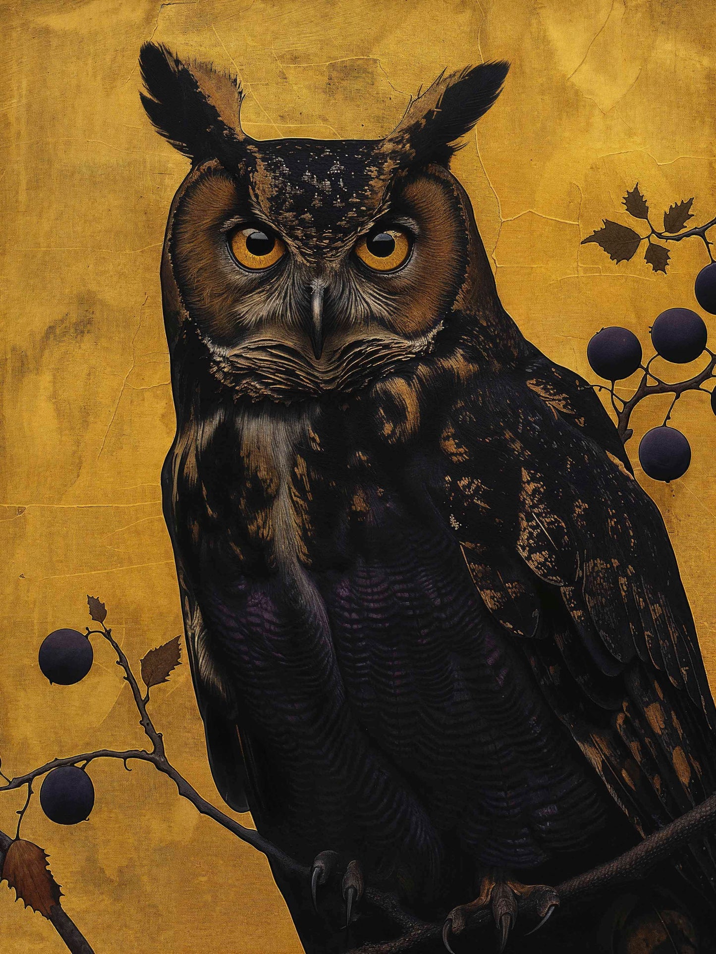 Golden Gaze - Great Horned Owl Among Berries - Limited Edition Canvas