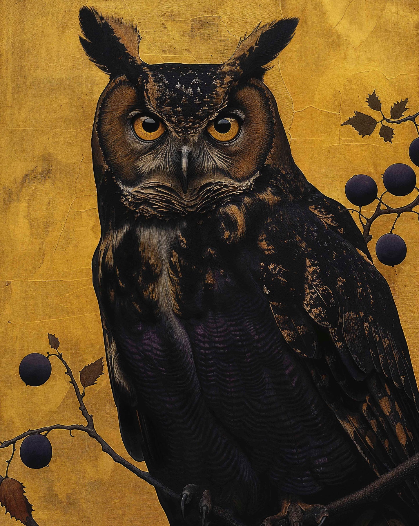 Golden Gaze - Great Horned Owl Among Berries - Limited Edition Canvas