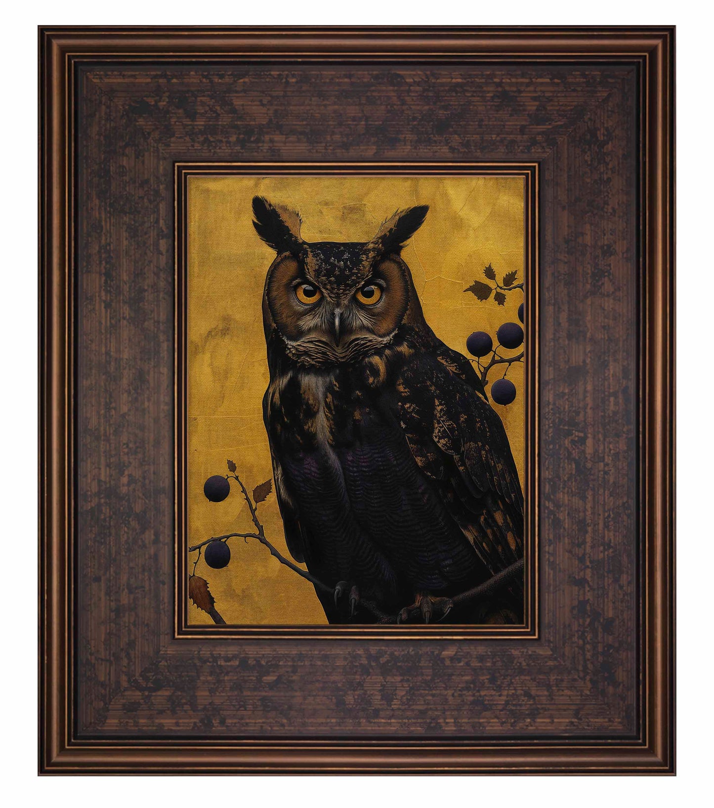 Golden Gaze - Great Horned Owl Among Berries - Limited Edition Canvas