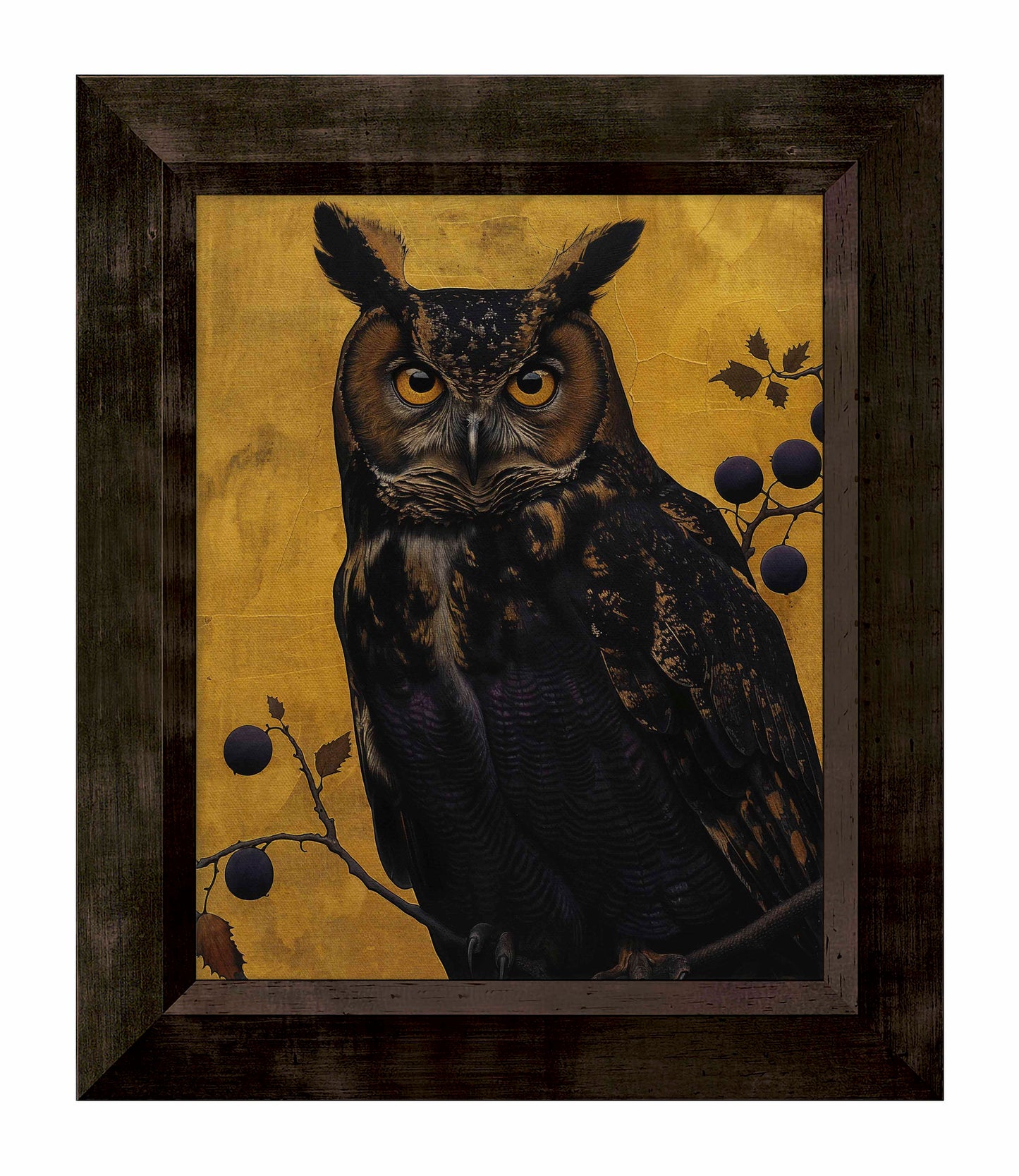 Golden Gaze - Great Horned Owl Among Berries - Limited Edition Canvas