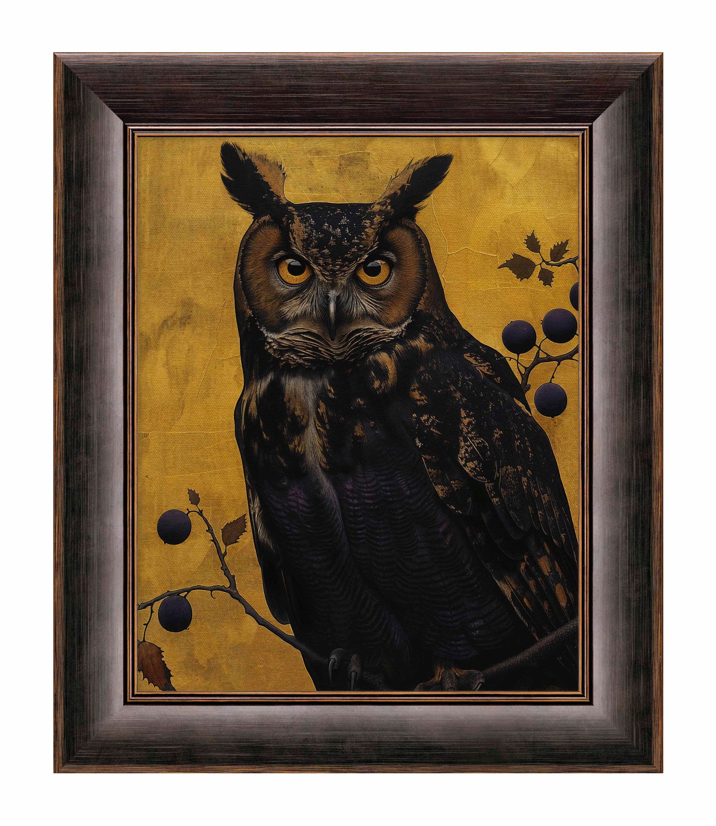 Golden Gaze - Great Horned Owl Among Berries - Limited Edition Canvas