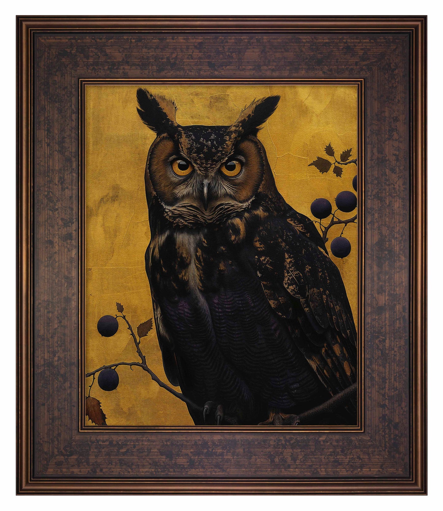 Golden Gaze - Great Horned Owl Among Berries - Limited Edition Canvas