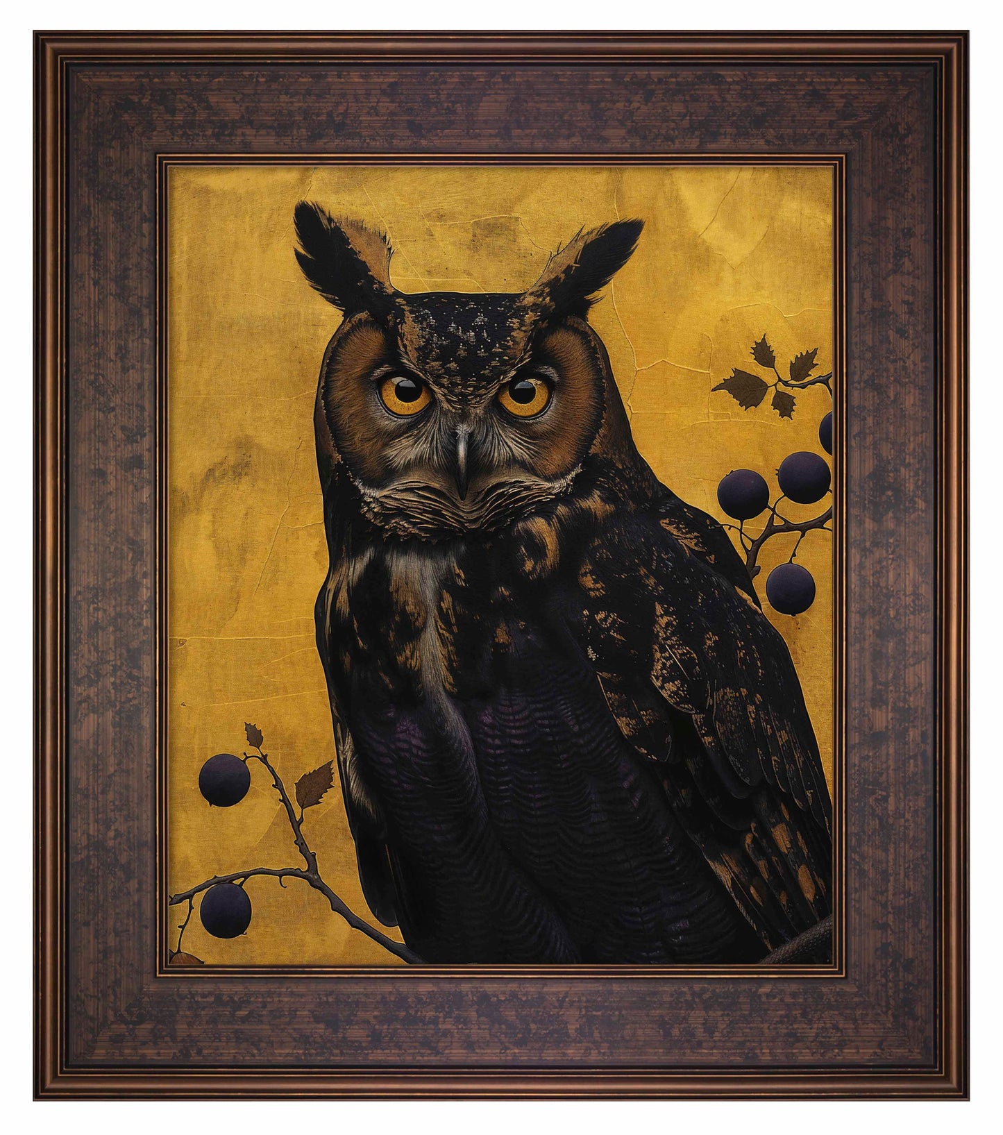 Golden Gaze - Great Horned Owl Among Berries - Limited Edition Canvas