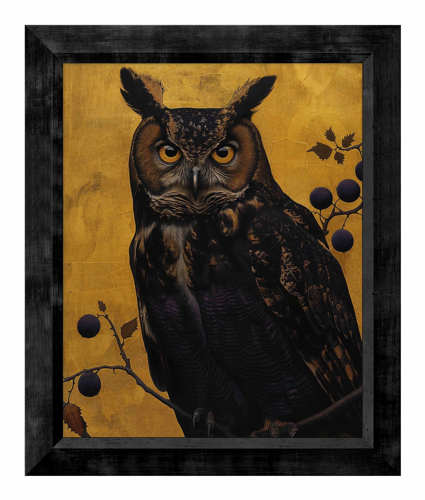 Golden Gaze - Great Horned Owl Among Berries - Limited Edition Canvas