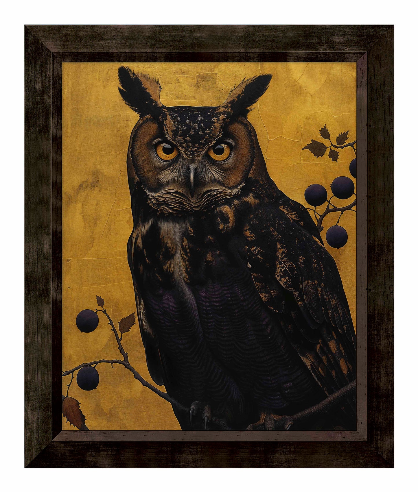 Golden Gaze - Great Horned Owl Among Berries - Limited Edition Canvas