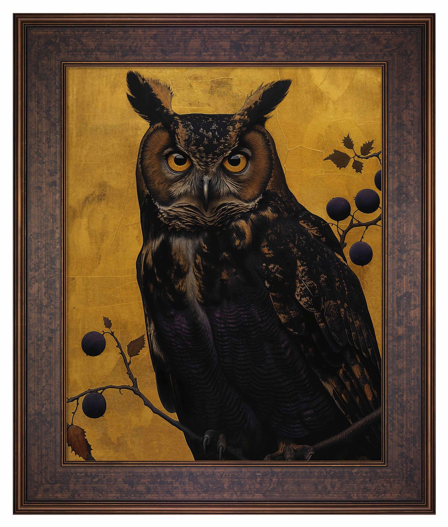 Golden Gaze - Great Horned Owl Among Berries - Limited Edition Canvas