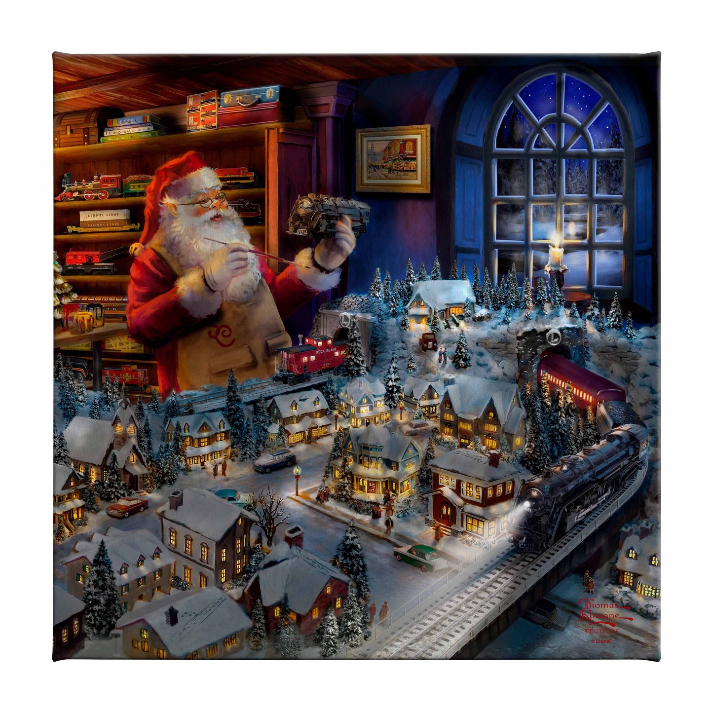 Santa's Final Touch, A Lionel Legacy - 14" x 14" Gallery Wrapped Canvas
