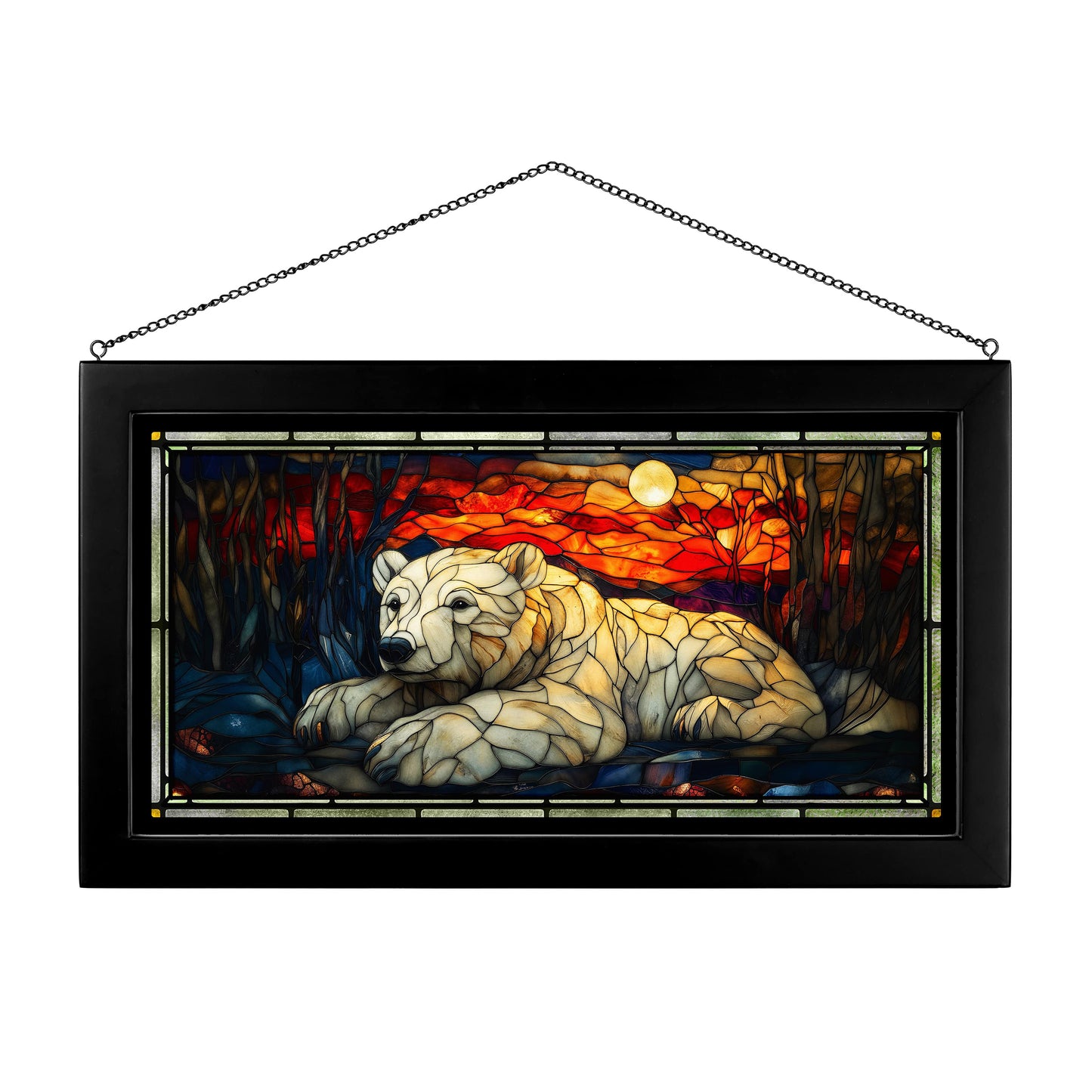 Polar Bear's Crimson Sky  - 13" x 23" Stained Glass Art