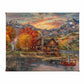 Painting of sunset over a village with mountains and trees