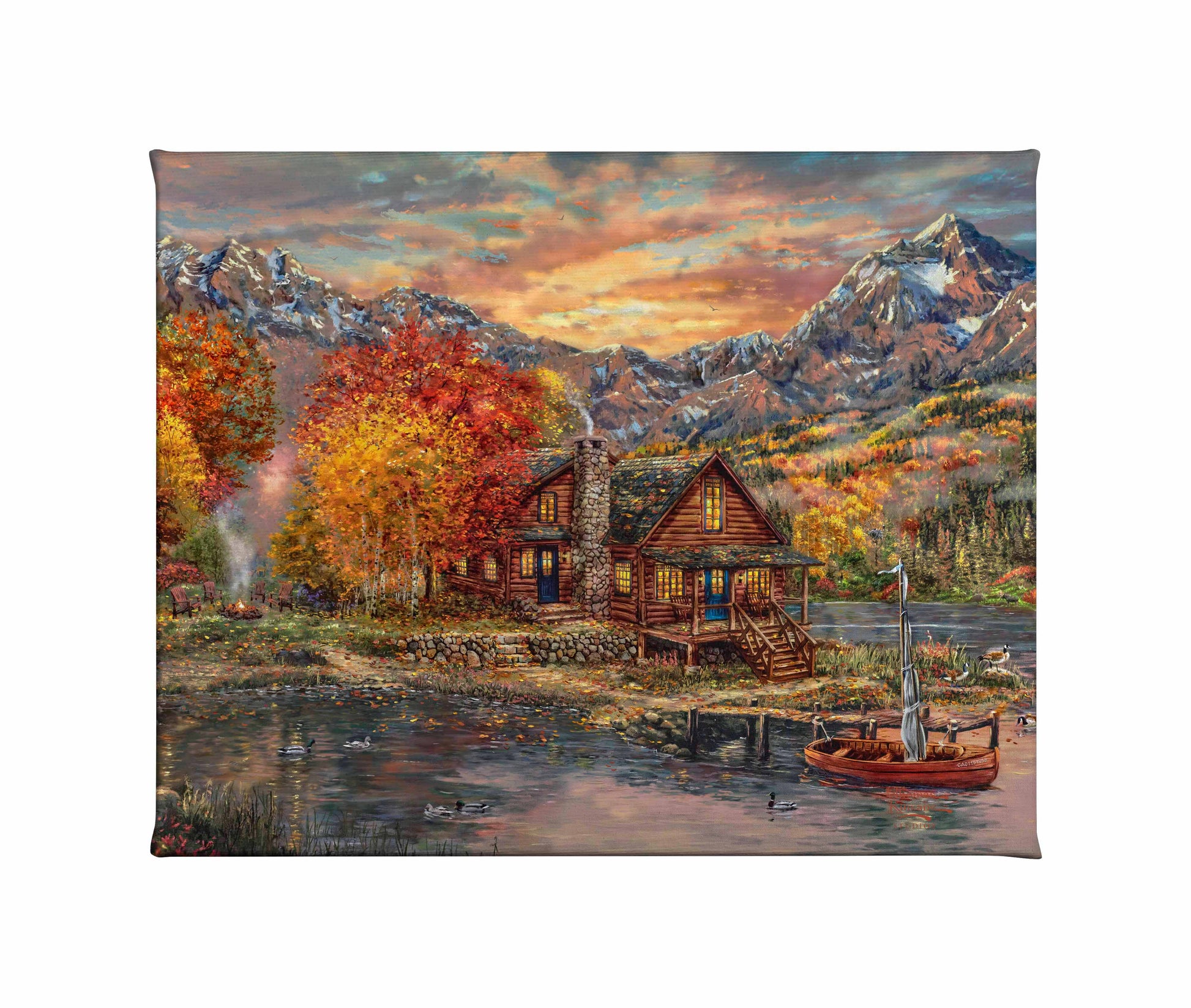 Painting of sunset over a village with mountains and trees