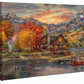 Painting of sunset over a village with mountains and trees